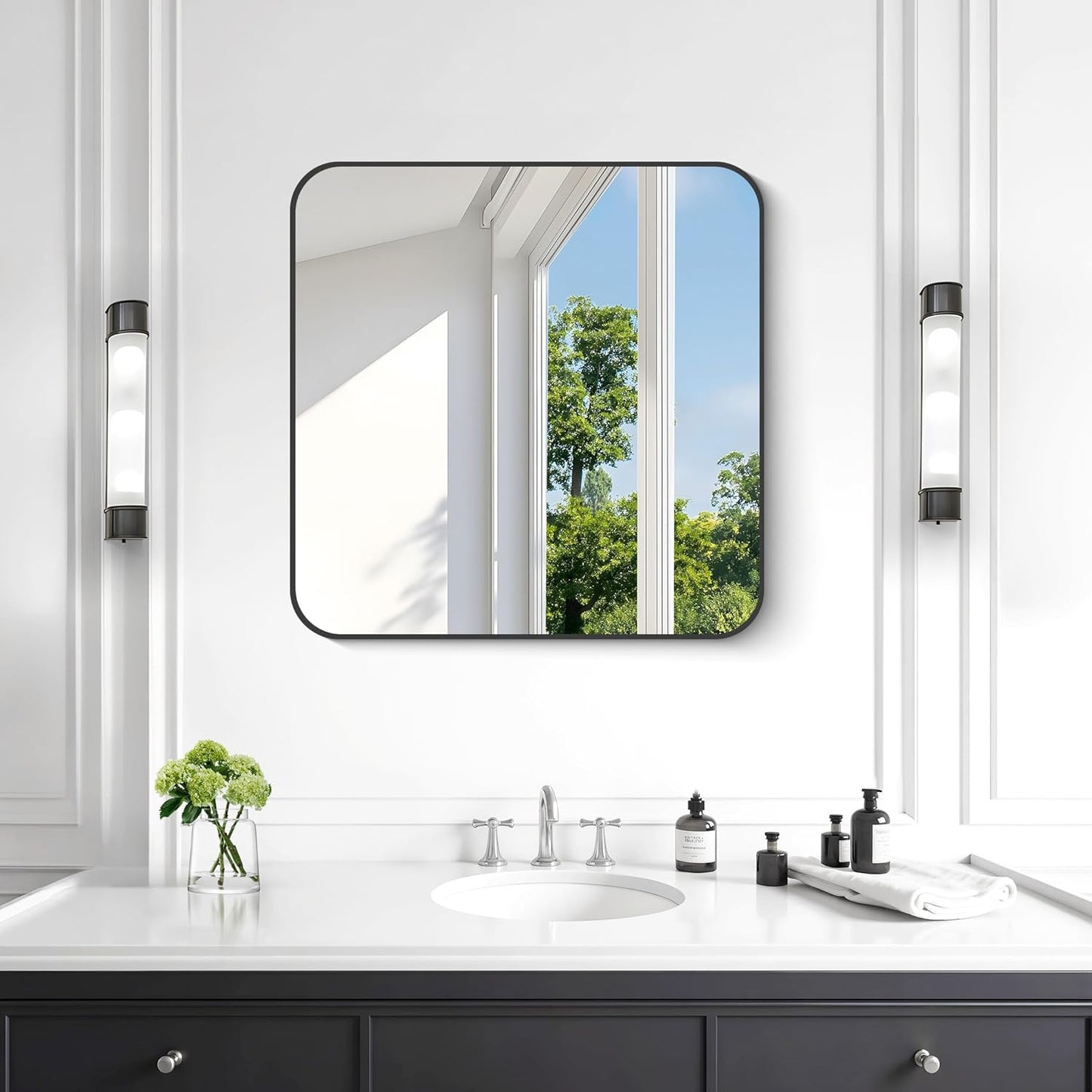 KOCUUY Square Bathroom Mirror, 24"x24" Black Rectangle Vanity Mirror, Black Metal Frame Mirror with Rounded Corner for Bathroom, Bedroom, Living Room, Entryway