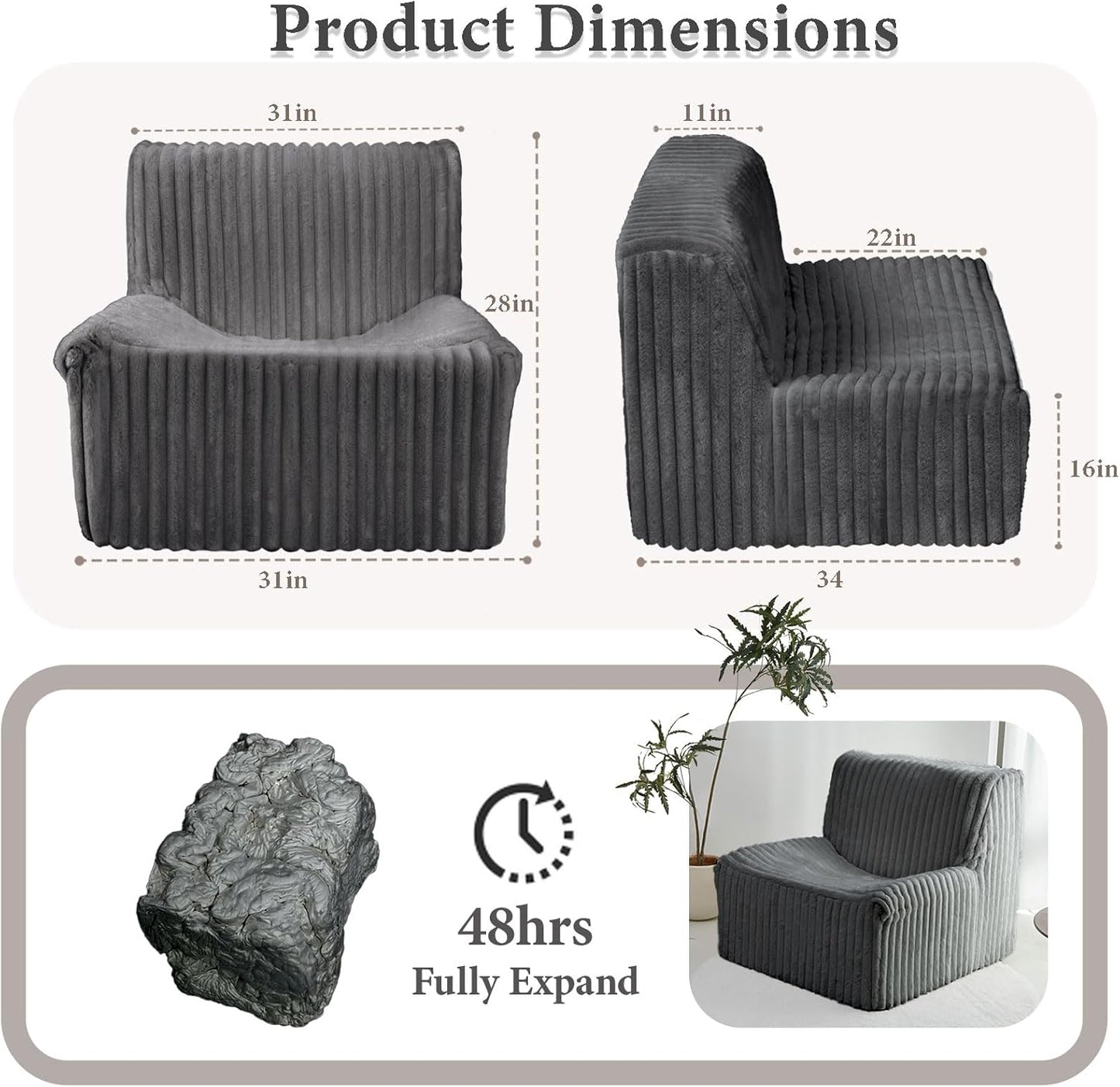 Super Comfy Lazy Sofa Chair, Soft Faux Fur Accent Chair for Living Room, Lounge Armless Floor Couch for Bedroom, Cozy Modern Single Sofa with Mememory Foam to Reading, Gaming (Grey)