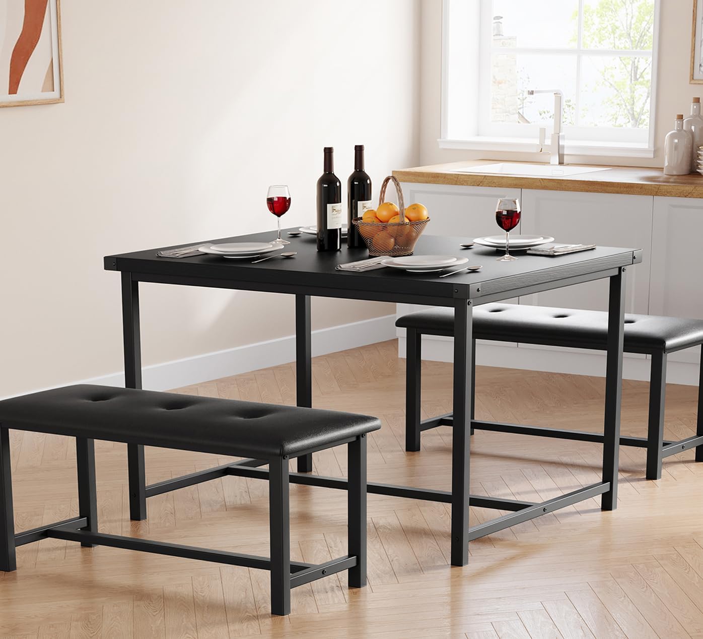 Dining Table Set for 4, Kitchen Table with 2 Upholstered Benches, 3-Piece Dining Room Set for Kitchen, Apartment and Small Spaces, Black