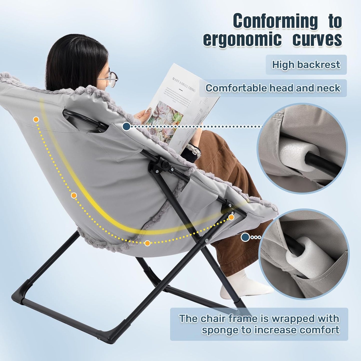 HollyHOME X-Large Saucer Chair with Foldable Ottoman, Comfy Oversized Folding Chair and Folding Footrest Stool Set, Faux-Fur Reading Chair and Footstool for Living Room, Blue&Grey Chair&Stool