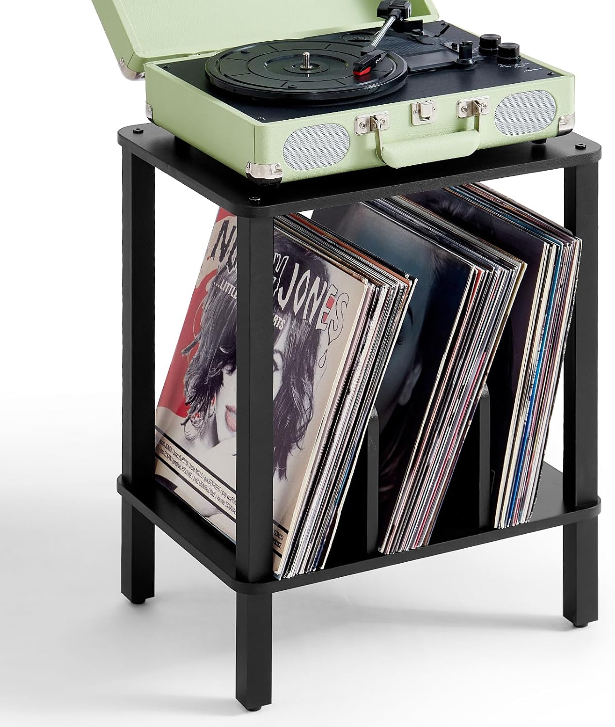 LELELINKY 2-Tier Record Player Stand with Vinyl Record Storage up to 100 Albums, Bedroom Record Holder and Multi-Functional End Table for Living Room, Black
