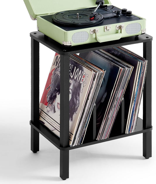 LELELINKY 2-Tier Record Player Stand with Vinyl Record Storage up to 100 Albums, Bedroom Record Holder and Multi-Functional End Table for Living Room, Black