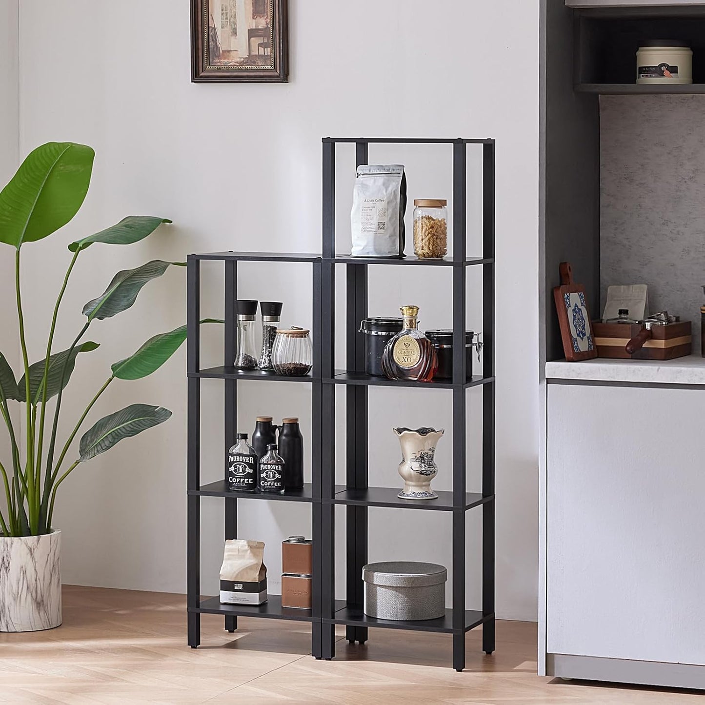 4 Tier Tall Wooden Bookshelf with Storage - Small Bookcase for Small Spaces, Shelf for Living Room, Office, Bedroom, Kitchen - Industrial Modern Black Book Shelf