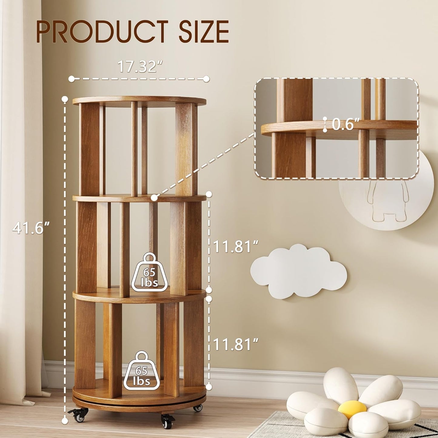 3 Tier Rotating Bookshelf Tower Spinning Bookshelf with Swivel Wheels Book Shelf Rotating Storage Tower for Kids Adult Narrow Walnut Solid Wood Revolving Bookcase Organizer for Bedroom Living Room
