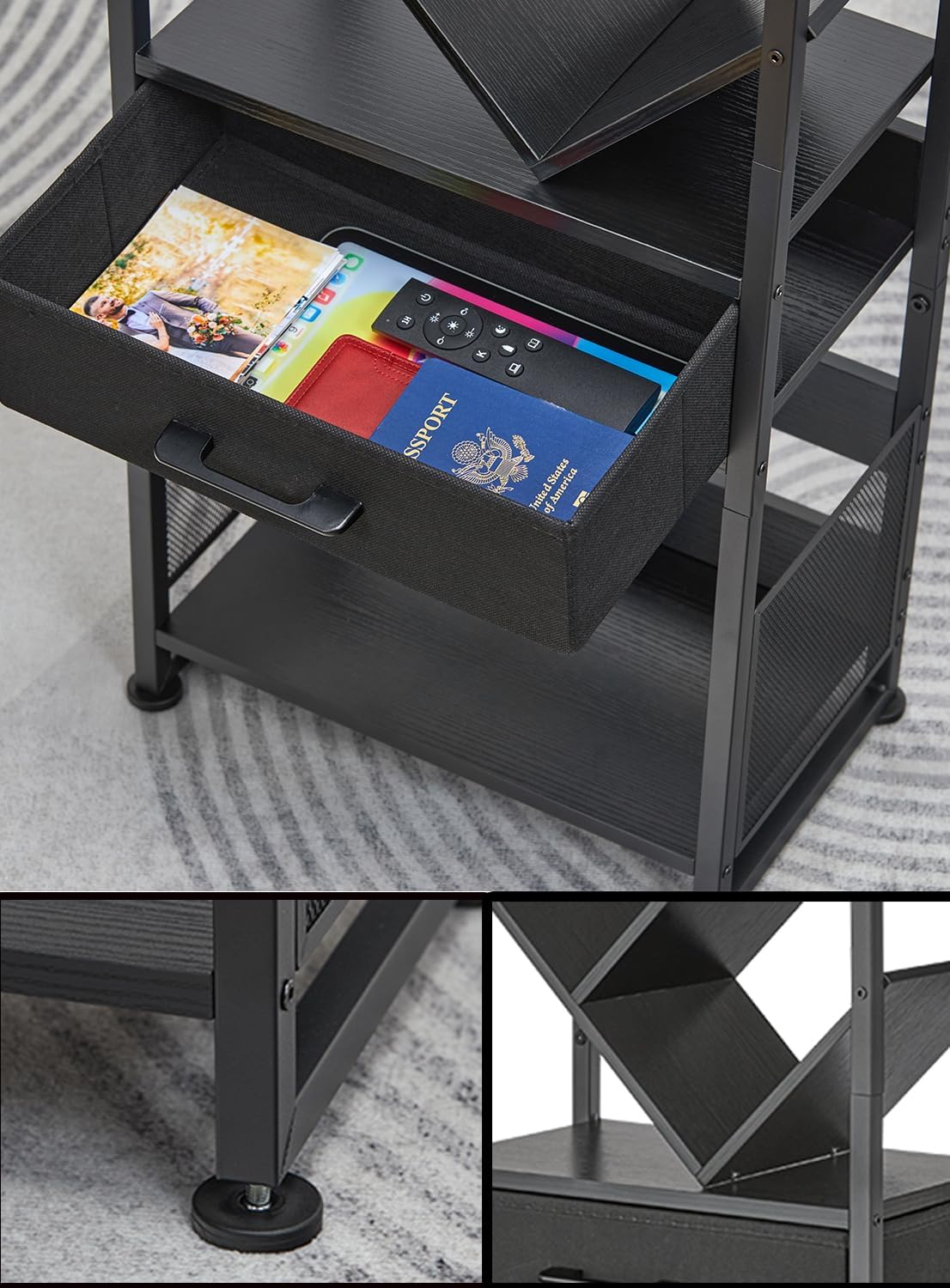 Bookshelf with Drawer,8 Tier Tree Bookcase Retro Floor Standing Bookshelves,Tall Wood Bookcases with Cabinet Storage Organizer for Living Room, Bedroom & Home Office, Black