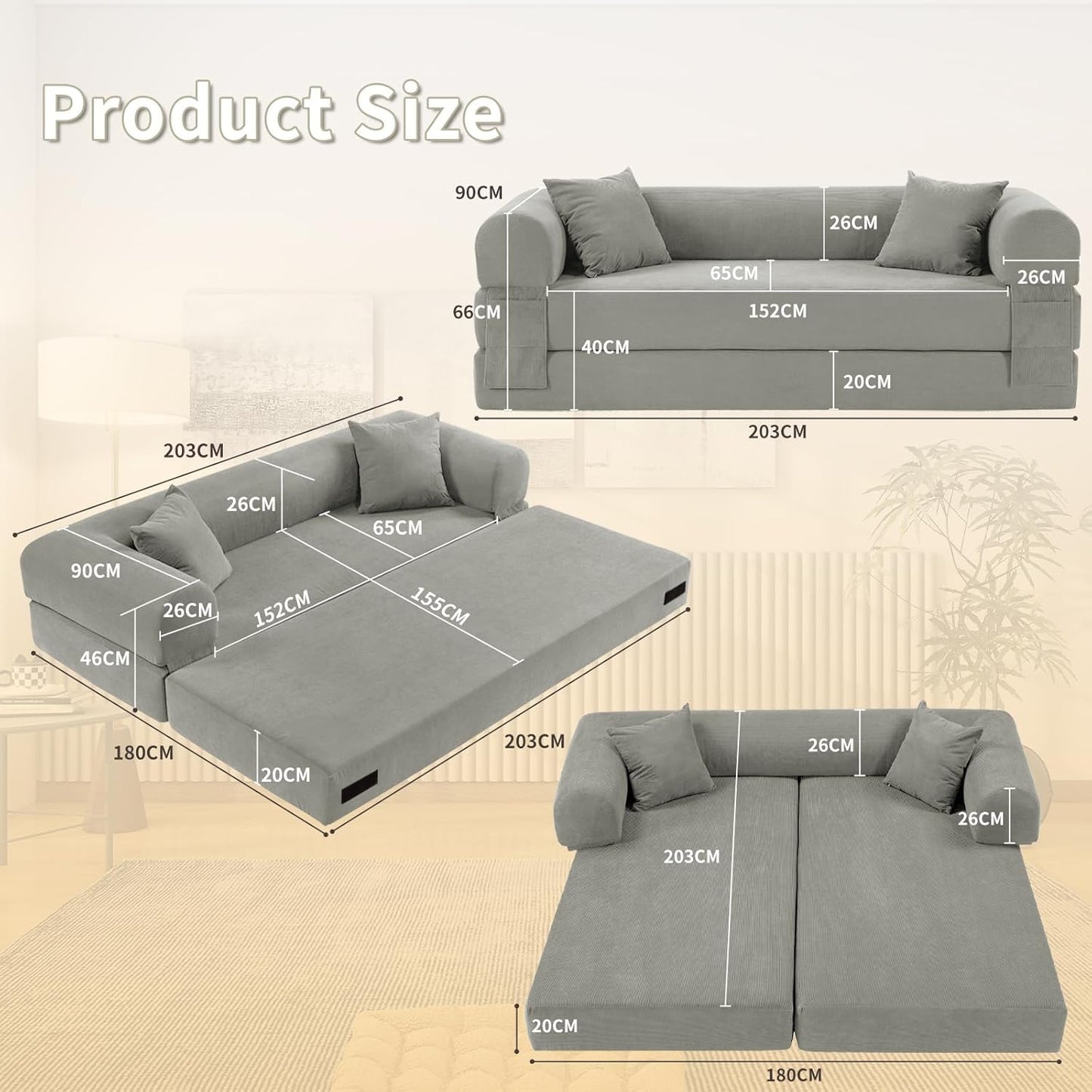 80" Convertible Sofa Bed, Corduroy Deep Seat Folding Pull Out Couch with Pillows, No Assembly Modern Boneless Couch Compression Sofa in Box, Floor Sofa with Storage Pocket for Living Room,Light grey
