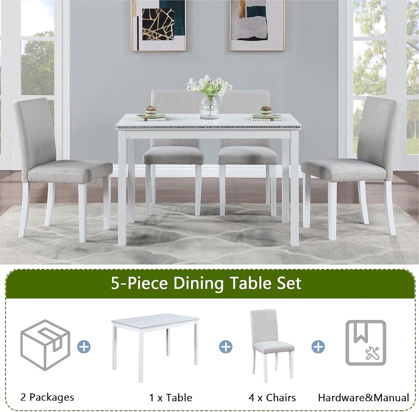 Ball & Cast 5 Piece Dining Table Set,Kitchen Table Set for 4 W/ 45.5" Rectangular Wooden Dining Table,Living Room Furniture W/ 4 Upholstered Chairs,for Dining Room,Kitchen,White