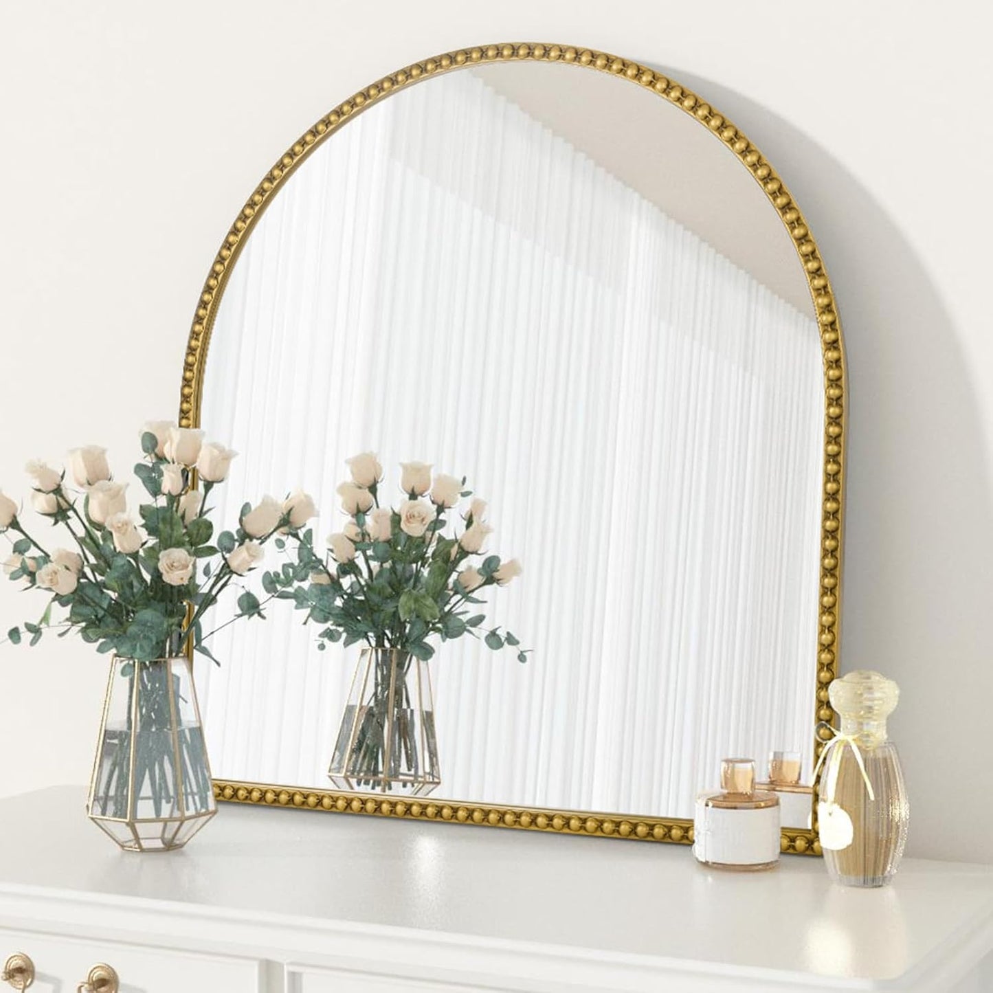 28x26 Inch Arched Bathroom Mirror, Antique Gold Wall Mirror Metal Beaded Frame, Vanity Mirror for Dresser Living Room Bedroom Mantel Entryway Hallways