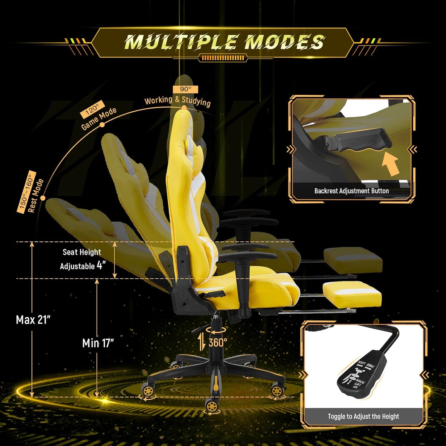 AA Products Gaming Chair - High Back Ergonomic Computer Racing Chair with Footrest, Lumbar Support and Swivel - YellowWhite