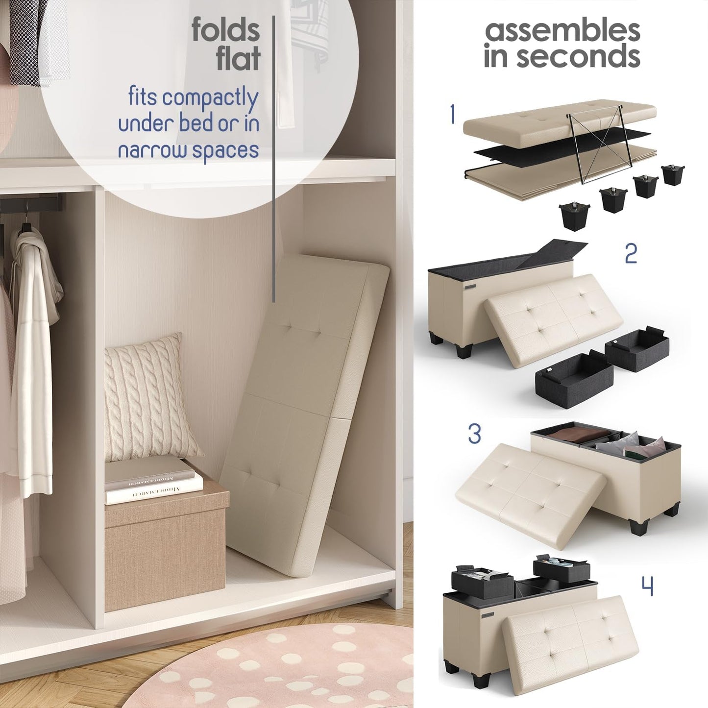 STORAGEBUD Storage Ottoman Bench with Bins, 30-in Storage Bench for Bedroom End of Bed, Folding Foot Rest Ottoman for Living Room Max 660lbs, Faux Leather Ottomans, Beige