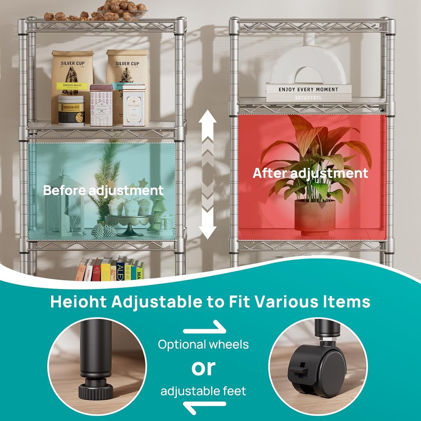 SINGAYE 4 Small Shelves Storage Shelf Wire Shelving Unit Metal Shelf Adjustable Organizers Storage Shelving with Wheels for Bathroom Laundry Room Kitchen Pantry