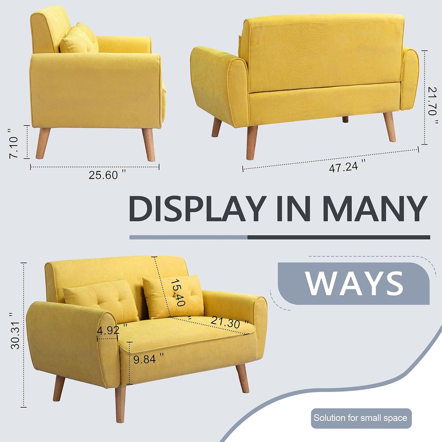 Shintenchi 47" Small Modern Loveseat Couch Sofa, Fabric Upholstered 2-Seat Sofa, Love Seat Furniture with 2 Pillows, Wood Leg for Small Space, Living Room, Bedroom, Apartment, Yellow