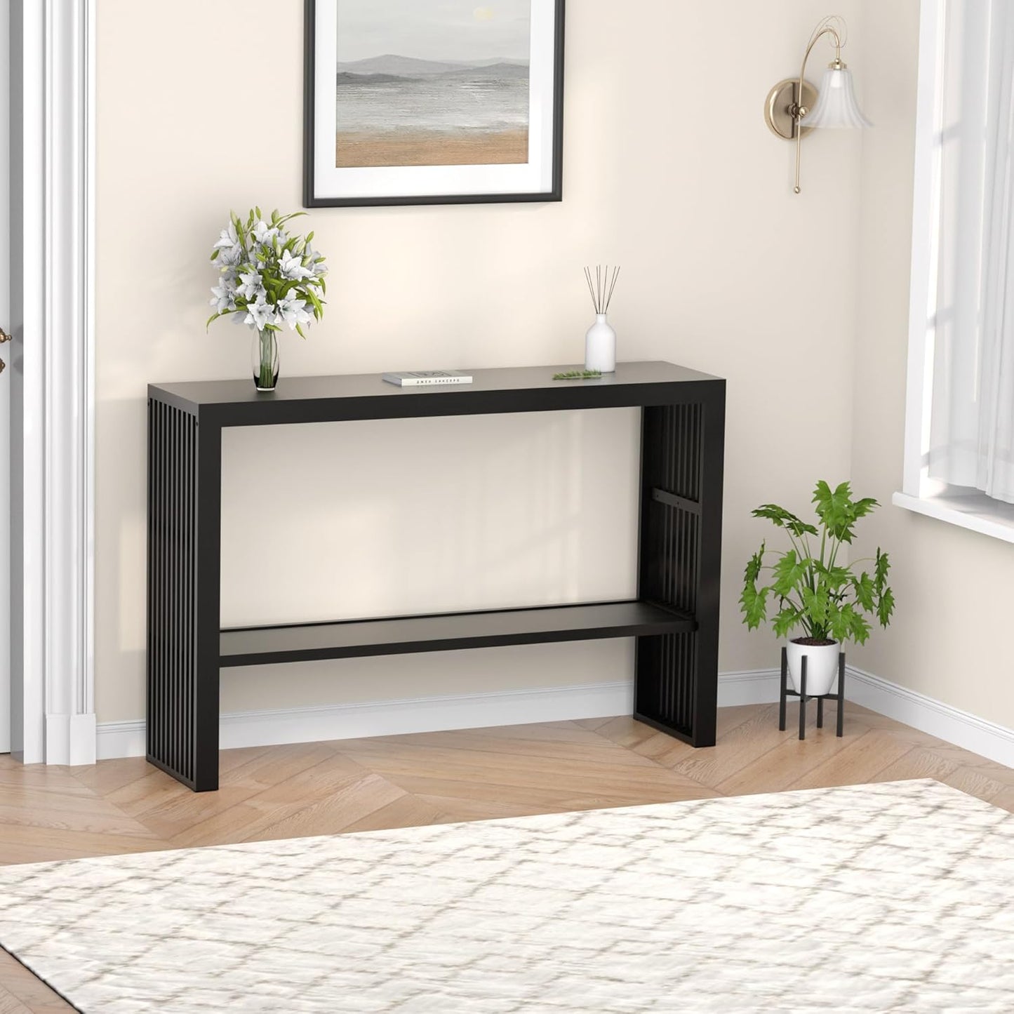 Bamboo Wood Console Table 47.2" Entryway Table, 2-Tier Farmhouse Narrow Sofa Table w/Storage Shelf, Couch Table Behind Sofa Easy Assembly for Entrance, Hallway, Living Room, Foyer(Black)