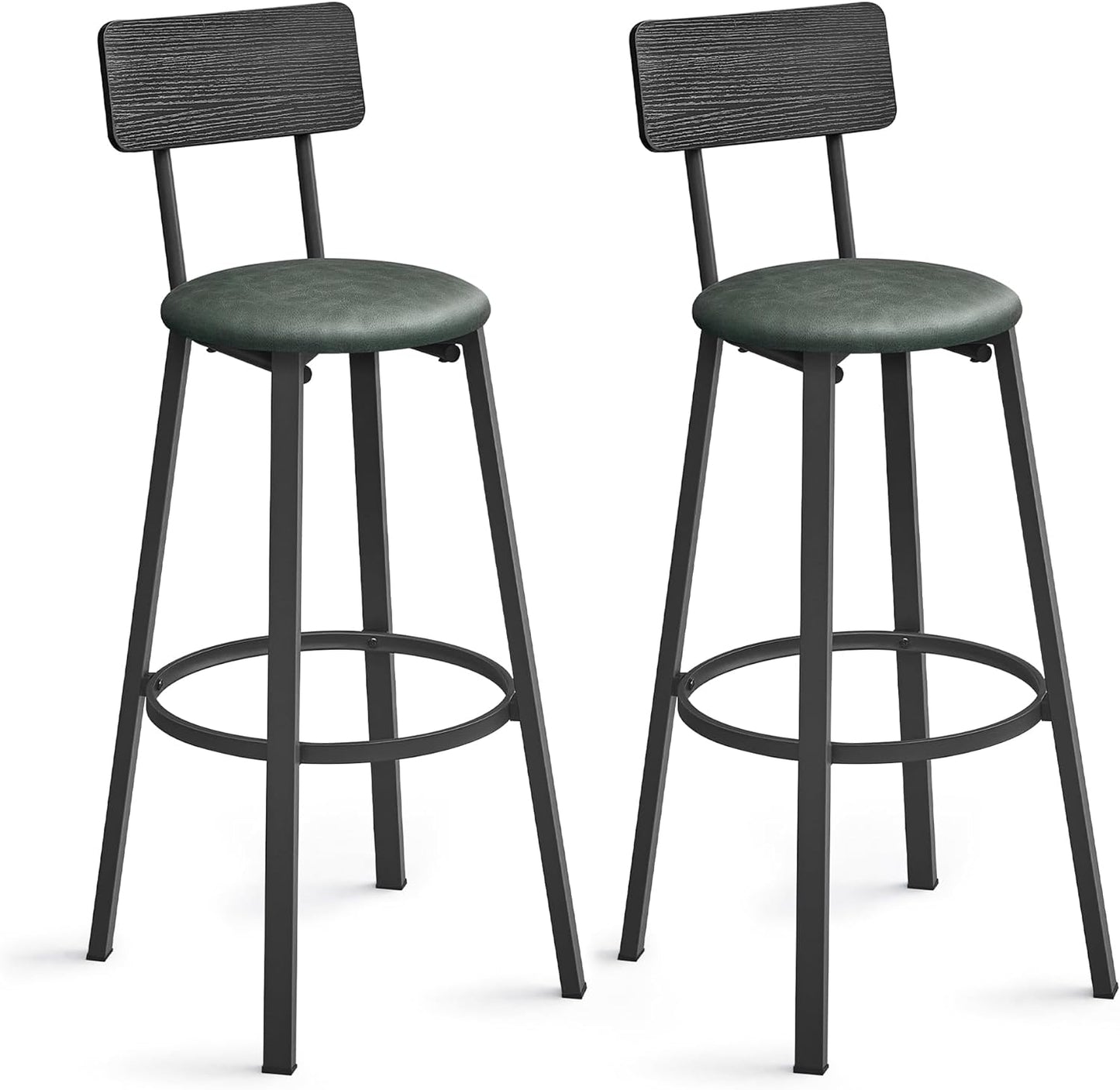 VASAGLE Bar Stools, Set of 2 PU Upholstered Breakfast Stools, 29.7-Inch Barstools with Back and Footrest, Simple Assembly, for Dining Room Kitchen Counter, Classic Black and Forest Green ULBC069C01
