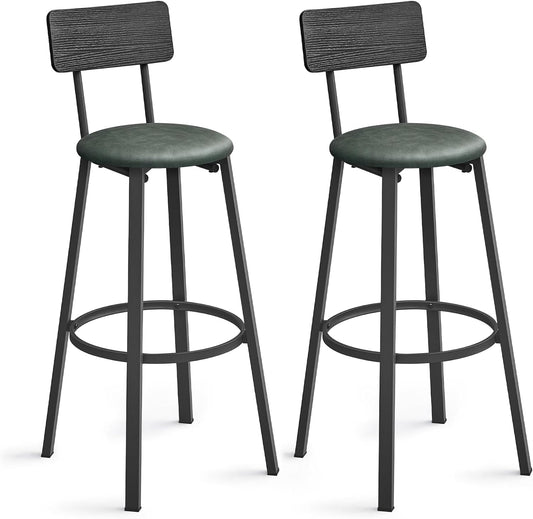 VASAGLE Bar Stools, Set of 2 PU Upholstered Breakfast Stools, 29.7-Inch Barstools with Back and Footrest, Simple Assembly, for Dining Room Kitchen Counter, Classic Black and Forest Green ULBC069C01