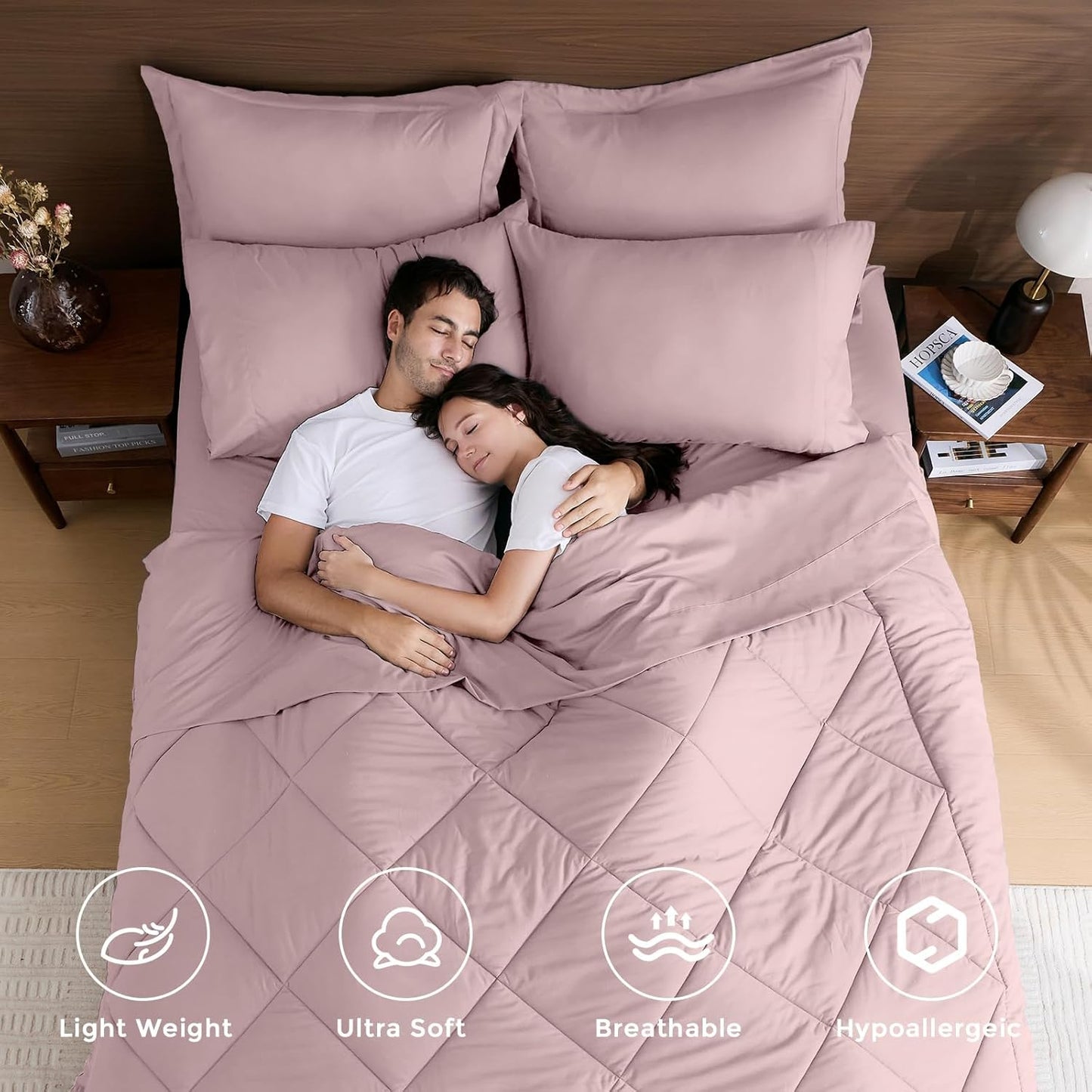 HEVUMYI Rose Gold Twin Comforter Set - 5-Piece All Season Bed in a Bag Twin, Ultra Soft Bedding Set with Comforter, Flat Sheet, Fitted Sheet, Pillowcases, Pillow Shams