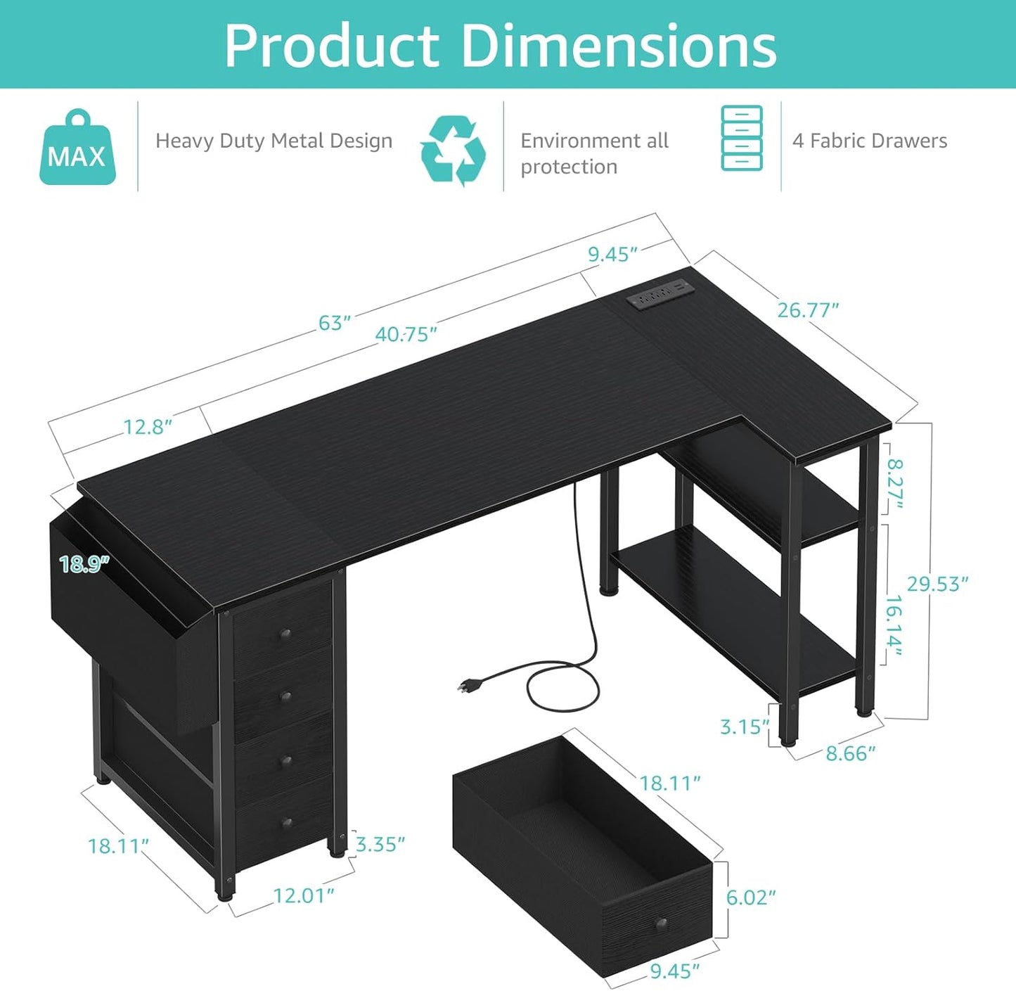 Lufeiya L Shaped Gaming Desk with Drawers & Storage Shelves, 63 Inch Corner Computer Desk with Power Outlet for Home Office Bedroom, L-Shaped Teen PC Desks with Fabric Drawer, Black