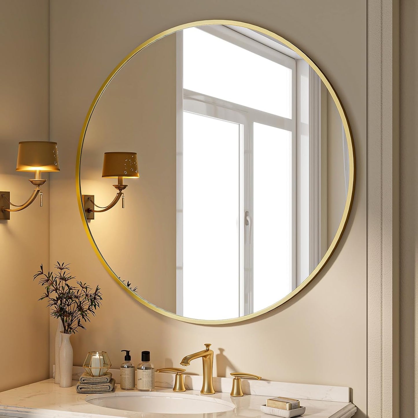 BEAUTYPEAK 40 Inch Round Mirror, Metal Frame Circle Mirror, Wall Mounted for Entryway, Bathroom, Vanity, Living Room, Gold