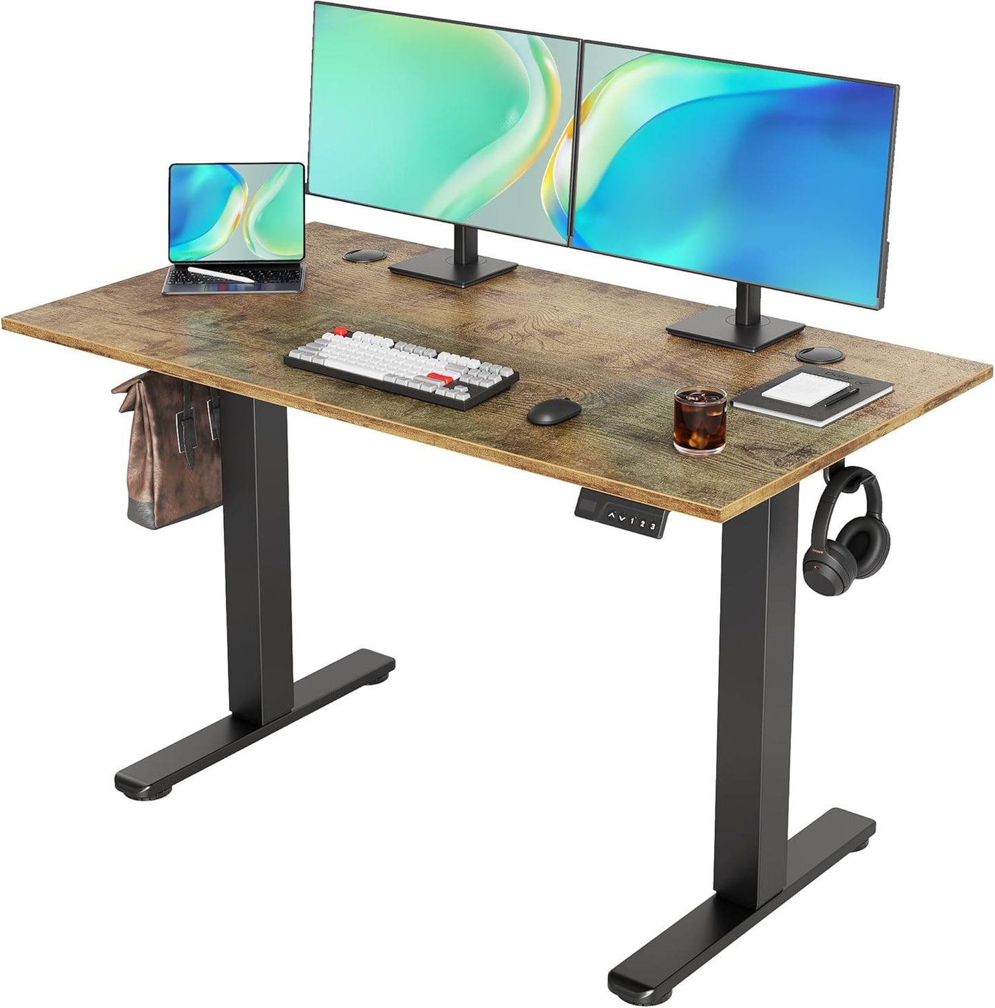 Seang Electric Standing Desk Adjustable Height, 48 x 24 Inch Sit Stand Desk with T-Shaped Frame, 3 Memory Presets & Cable Management for Home Office Computer Workstation, Black Frame/Rustic Brown Top