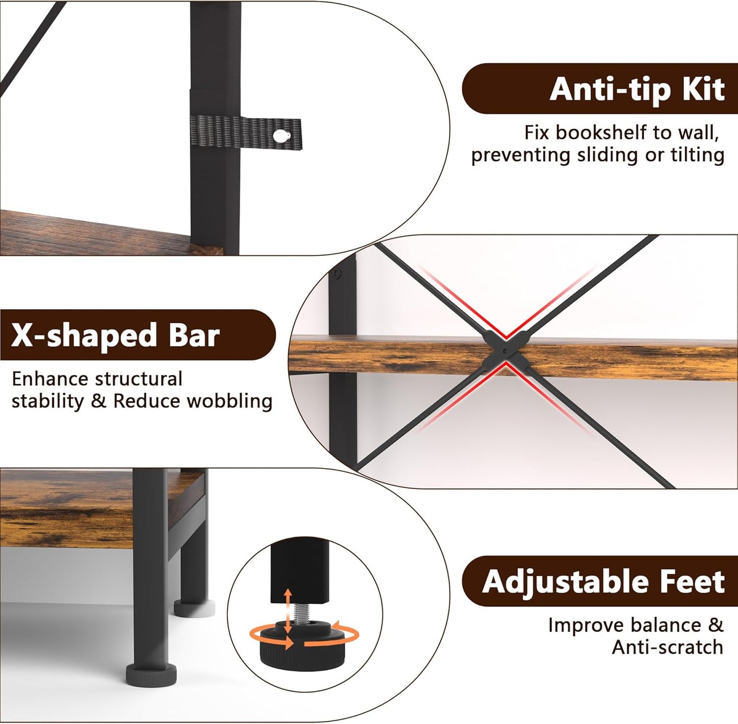 7-Tier Corner Bookshelf, Reversible Wooden Shelves, Industrial Bookcase with Open Shelves and Sturdy Metal Frame, Display Shelf Storage Rack for Living Room, Bedroom, Home Office (Rustic Brown)