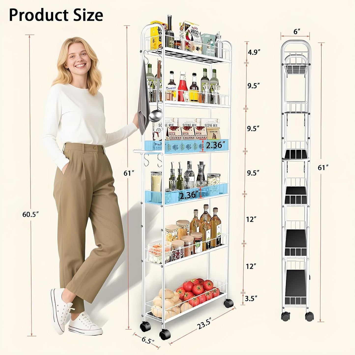 6 Tier 6in Slim Rolling Cart with Handle, White Mobile Shelving Unit with Wheels, Metal Wire Storage Rack with Baskets for Kitchen Bathroom Office Laundry Narrow Piaces