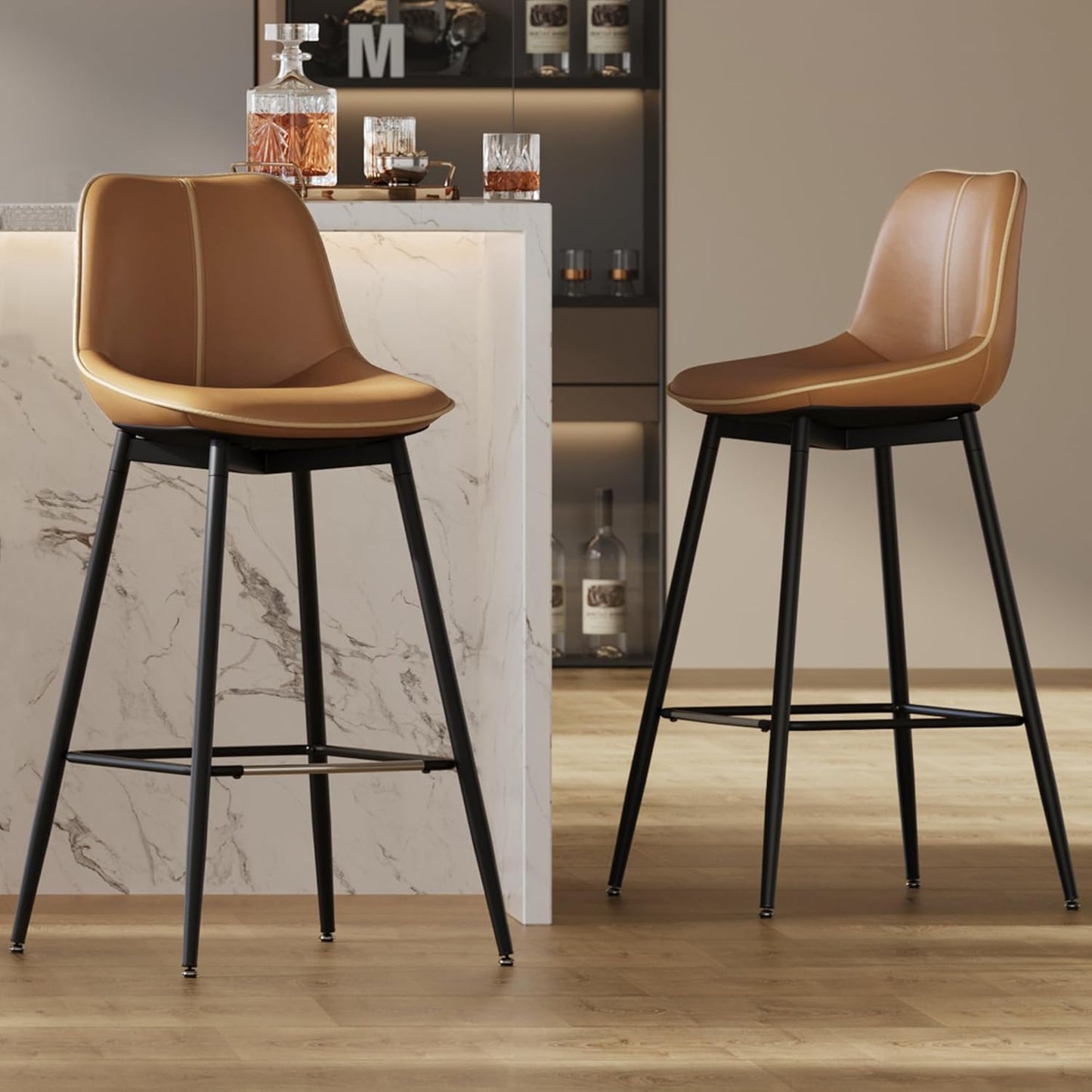 VASAGLE Bar Stools Set of 2, Bar Height Bar Stools with Back, Ergonomic Backrest, Synthetic Leather, Metal Legs, 28.7-Inch Tall Barstools for Kitchen Island Home Bar, Easy Assembly, Caramel Brown