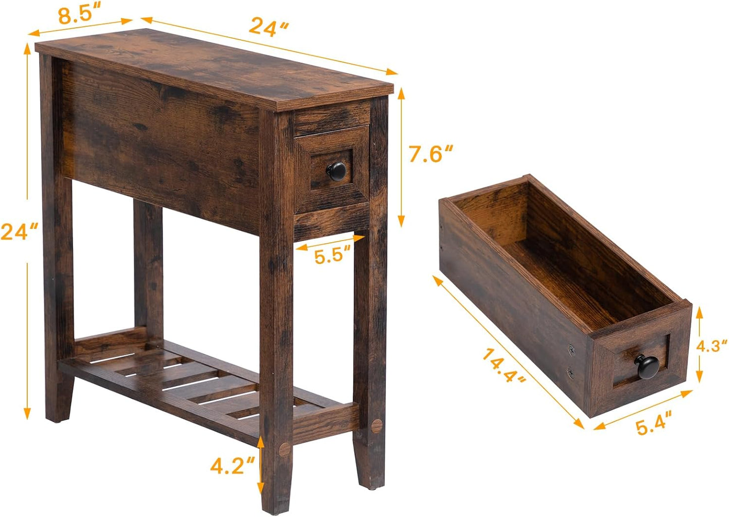 Brown Chairside Narrow End Table, Solid Wood Recliner Side Table with Drawer, Slim Nightstand Bedside Table for Living Room Bedroom