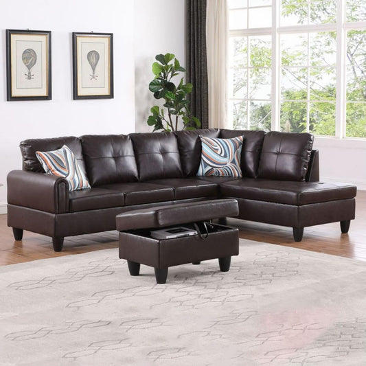 Brown L-Shaped 3-Piece Faux Leather Sofa with Storage Ottoman Set, Sectional Couch Sofa Set for Living Room, Office, Small Space