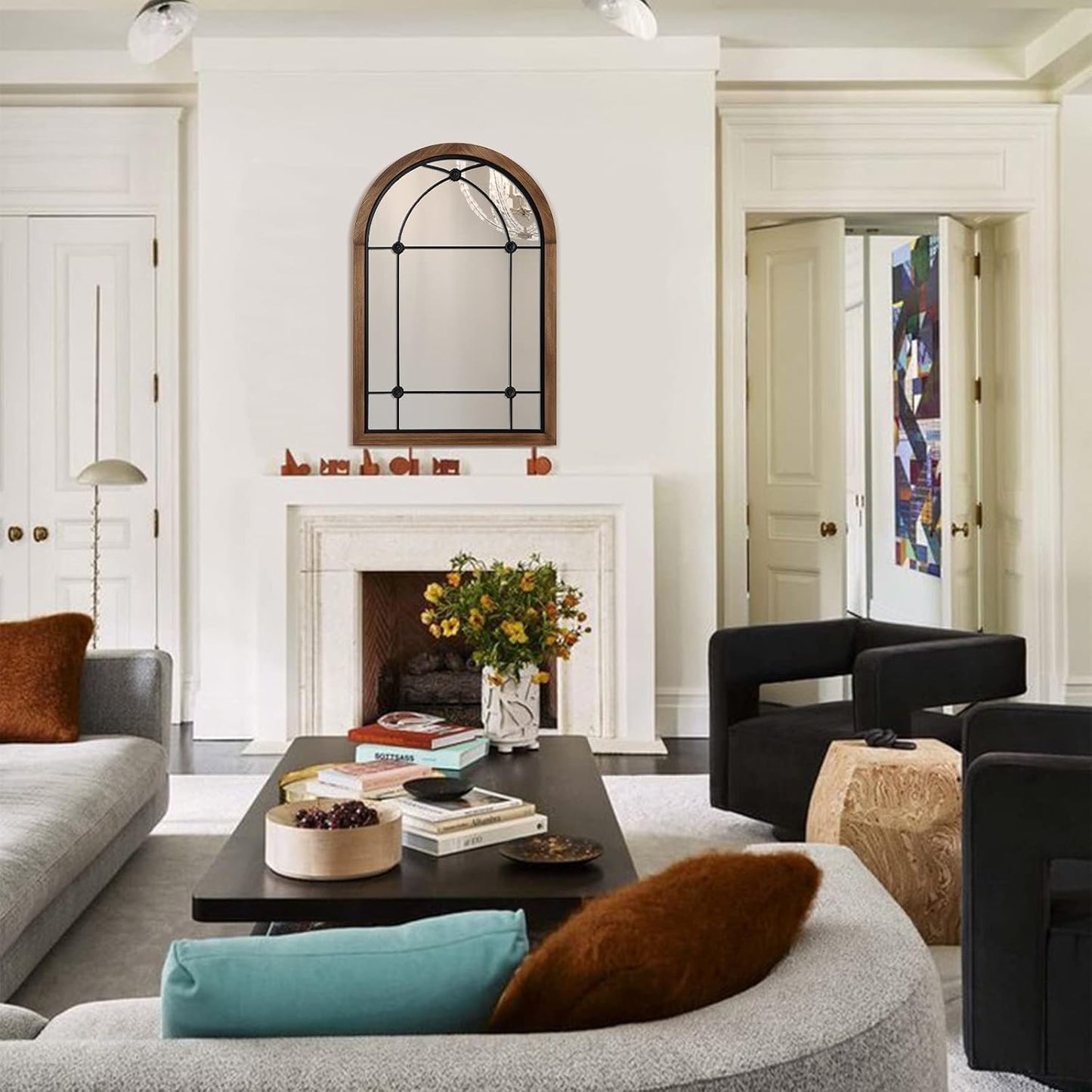 blue page Arched Mirror, Farmhouse Wall Decor Accent, Rustic Wood Framed Mirror Like Window for Bathroom, Bedroom, Entryway, or Living Room