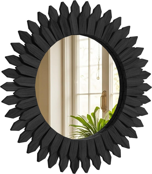 24 Inch Black Boho Wall Decor Sunburst Mirror - Round Wooden Wall Decor, Handmade Rustic Circular Mirror for Living Room, Bedroom, Entryway, Office