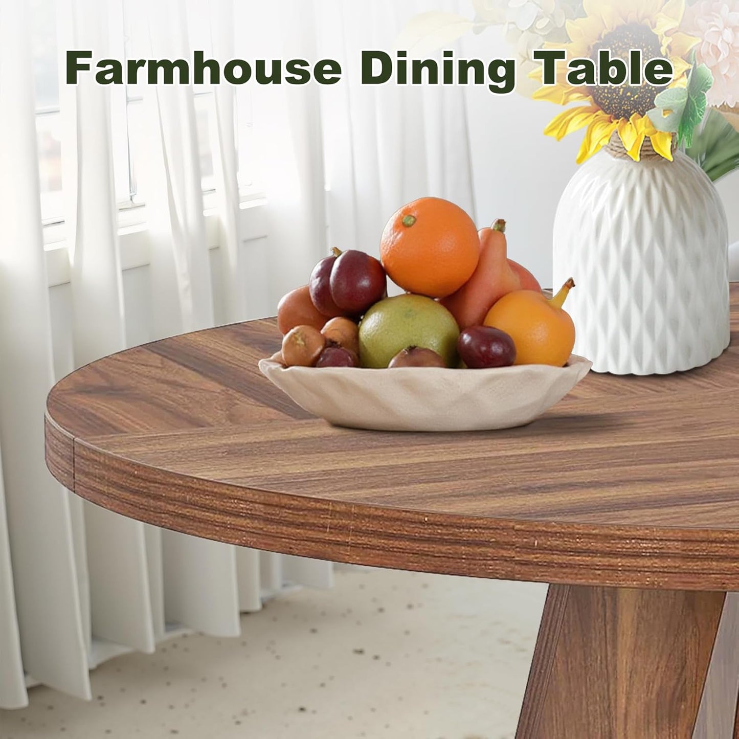 NicBex 47-Inch Round Dining Table for 4, Farmhouse Dinner Table Small Farmhouse Kitchen Tables with Wood Pedestal Base for Dining Room, Kitchen, Living Room, Brown