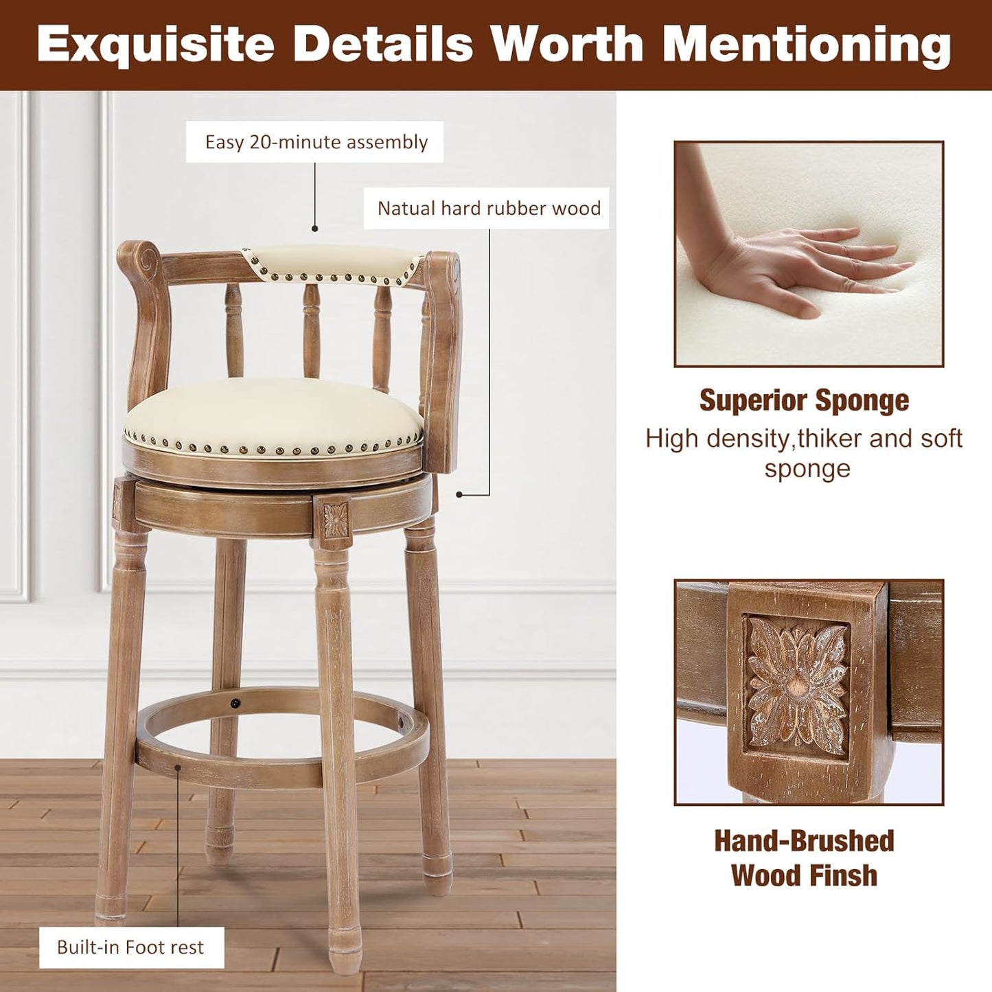 CozyRain Bar Stools Modern Swivel Barstools,Kitchen Counter Genuine Leather Upholstered Vintage Barstool for Home Kitchen Dining Room (Beige, Seat Height 29.5 in)