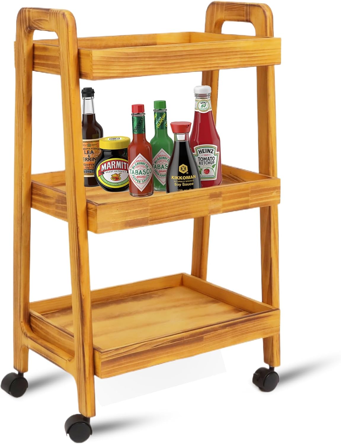 3-Tiers Ladder Shelf with Wheels, Wooden Rolling Cart,Solid Pine Wood Ladder Shelf, Side End Table for Artist,Storage Cart Organizer for Kitchen,Classroom, Living Room, Bathroom (Retro Yellow)