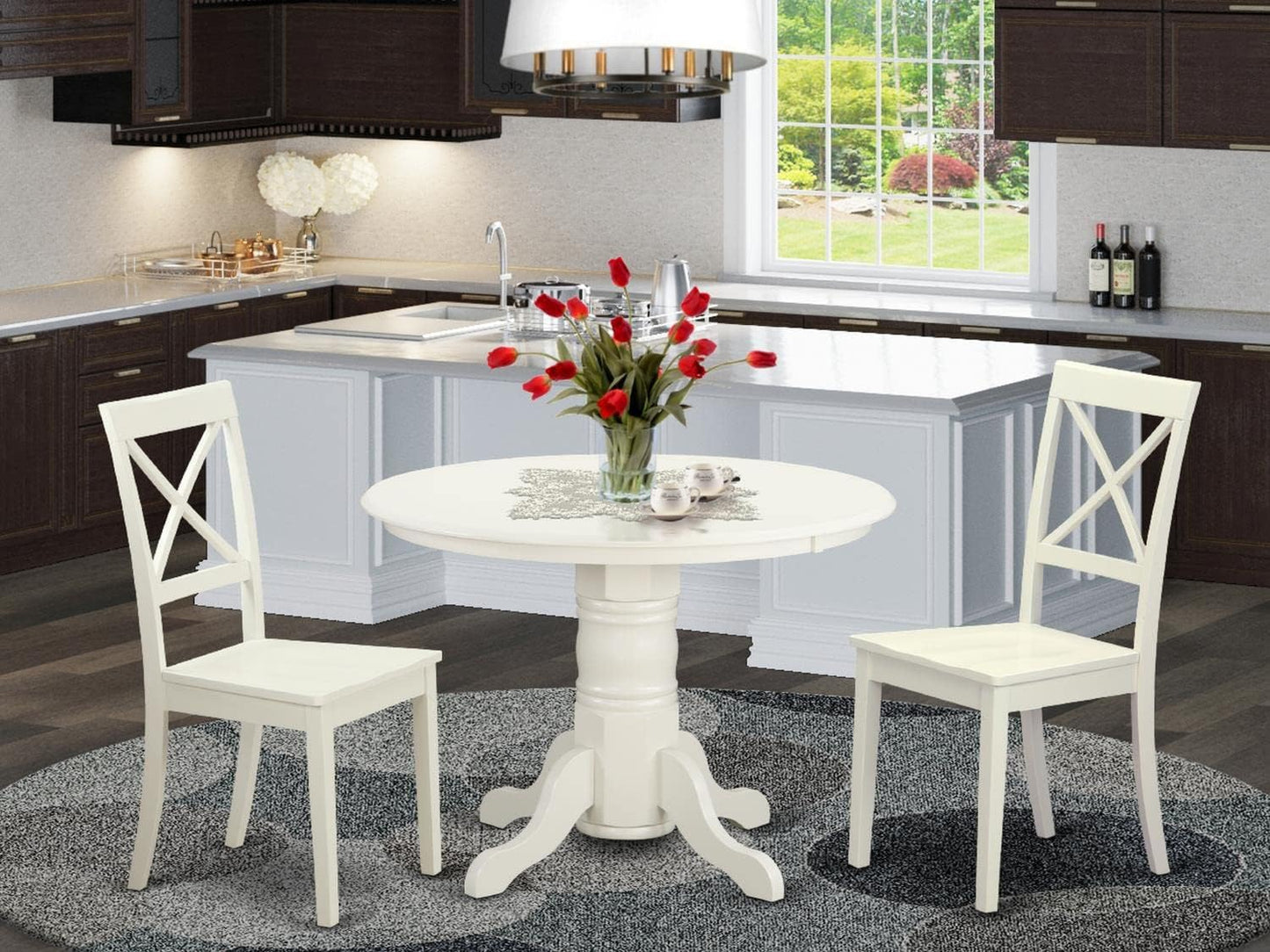 East West Furniture SHBO3-WHI-W 3 Piece Dinette Set for Small Spaces Contains a Round Dining Room Table with Pedestal and 2 Kitchen Dining Chairs, 42x42 Inch, Linen White