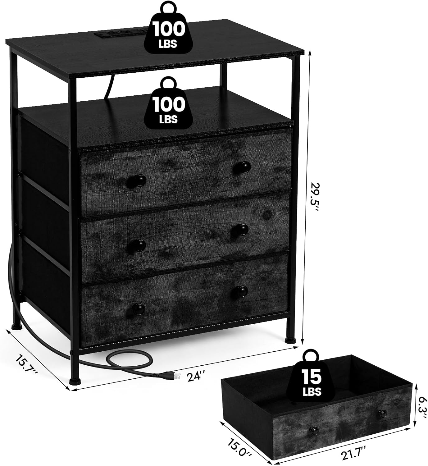 3 Drawers Dresser with Charging Station, 24 Inch Wide LED Night Stand Set 2 with Adjustable Fabric Drawer, Nightstand with Storage Shelf for Living Room/Bedroom/Office, Black.