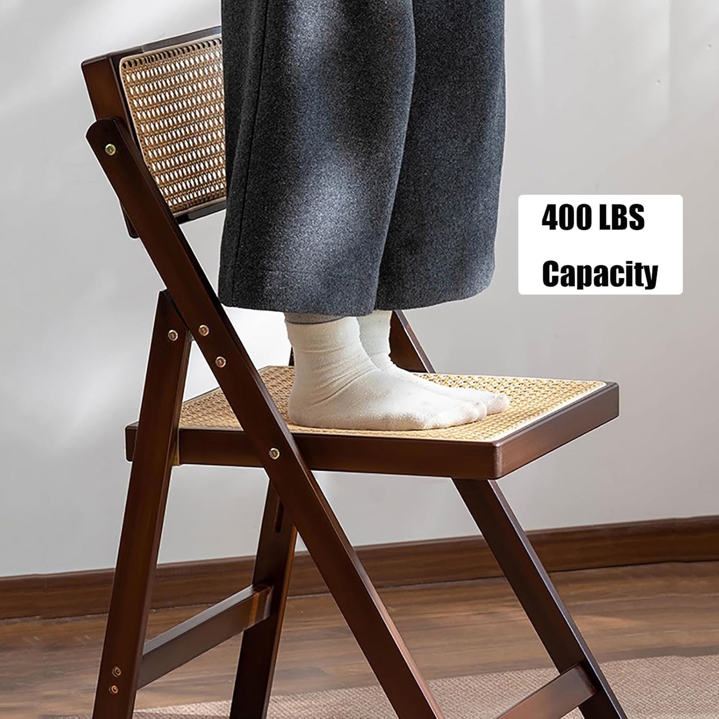 KISKIS Wooden Rattan Folding Chairs Portable Save Space Kitchen Dining Chair for Balcony Living Room, with Mesh Elastic Seat and Curved Back, 400LBS,1 Pack