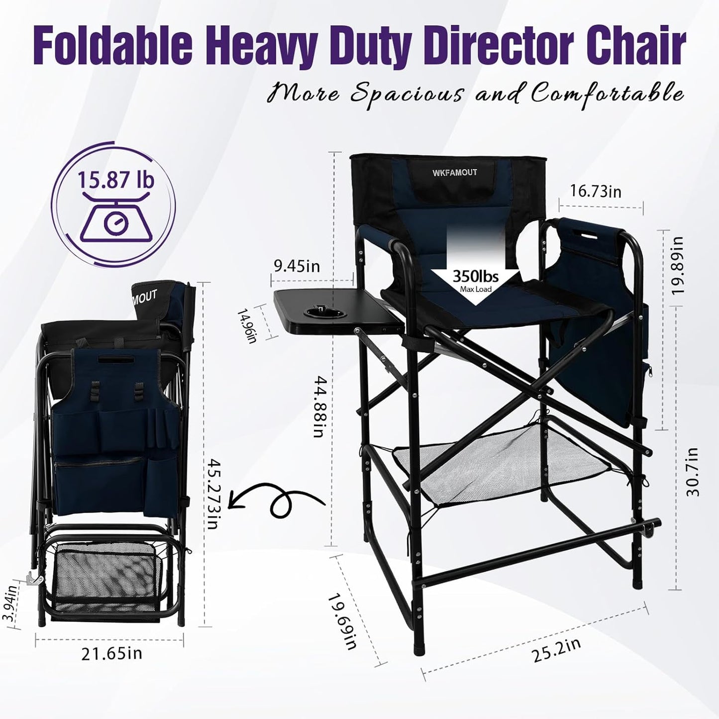 Tall Folding Directors Chair with Side Table 30.71" Seat Height Foldable Camping Chair Bar Stool for Makeup Artist Face Painting with Footrest and Storage Pocket Supports 350LBS