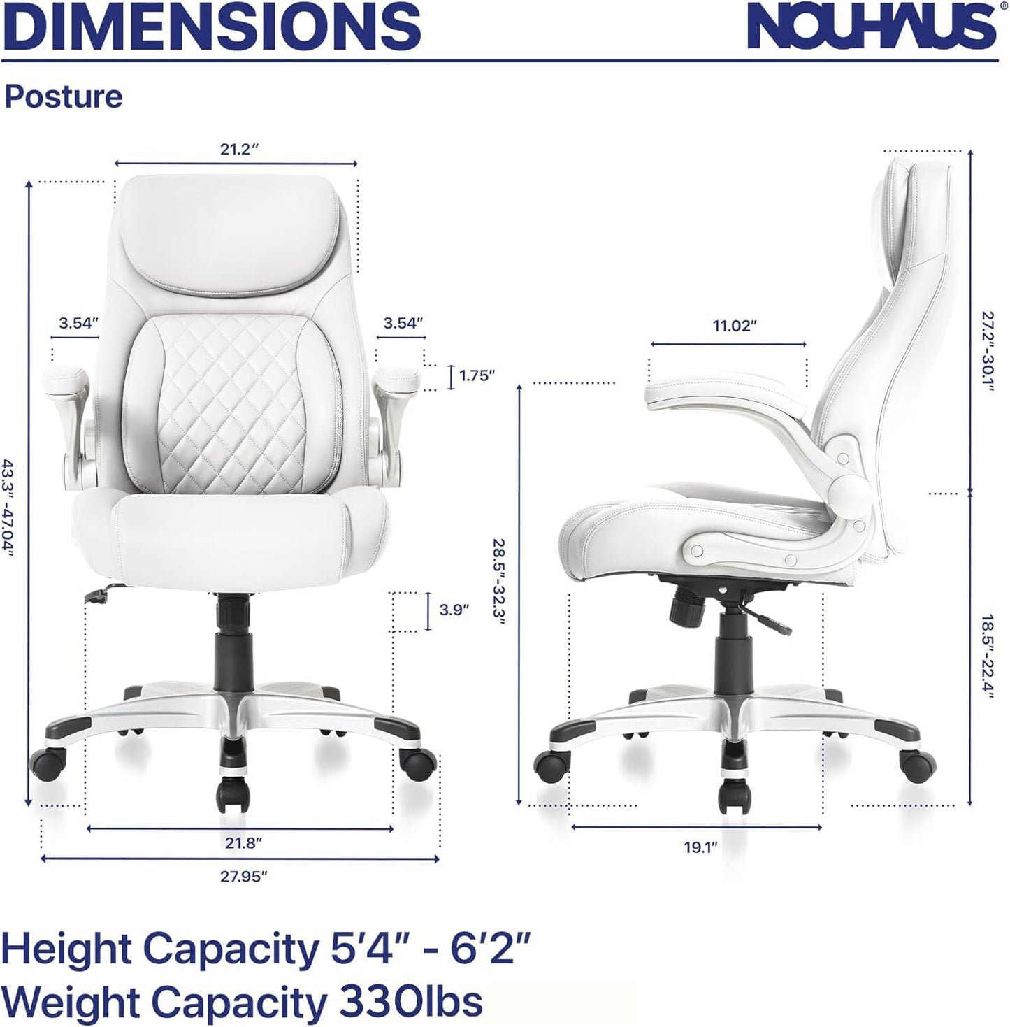 Nouhaus +Posture Ergonomic PU Leather Office Chair. Click5 Lumbar Support with FlipAdjust Armrests. Modern Executive Chair and Computer Desk Chair (White)