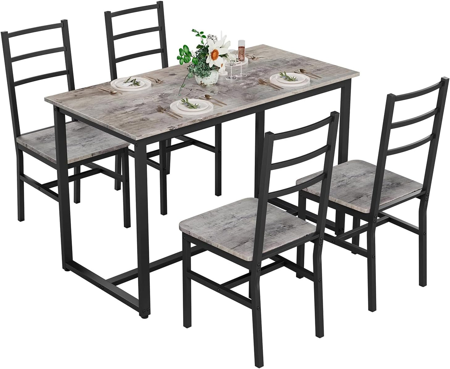 5-Piece Dining Table Set with 4 Chairs, 47.2" Kitchen Table Chairs Set of 4, Rectangular Industrial Style Dining Room Table Set with Backrest, Perfect for Small Space, White Oak