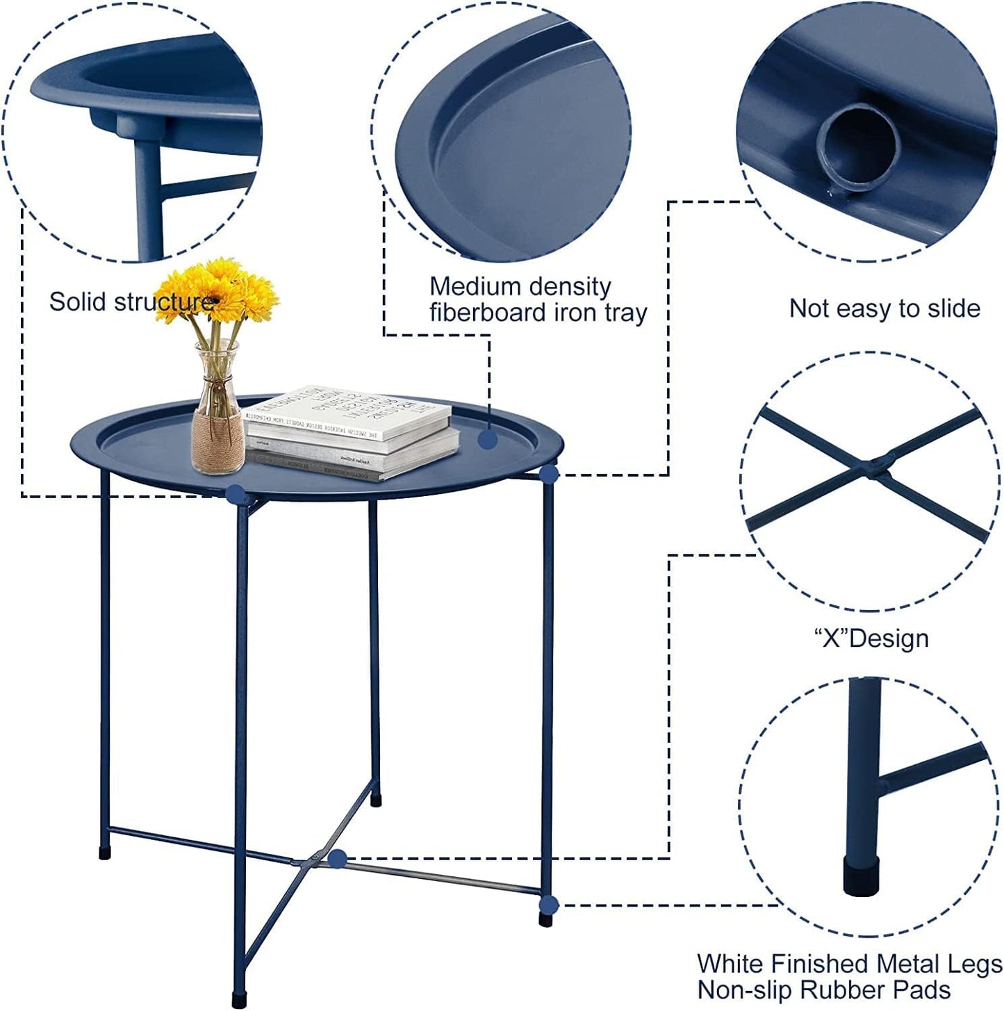 Garden 4 you End Table 2 PCS Metal Side Table Dark Blue Round Folding Tray Cyan Sofa Small Accent Fold-able Table, Round End Table Tray, Next to Sofa Table, Snack Table for Living Room and Bed Room
