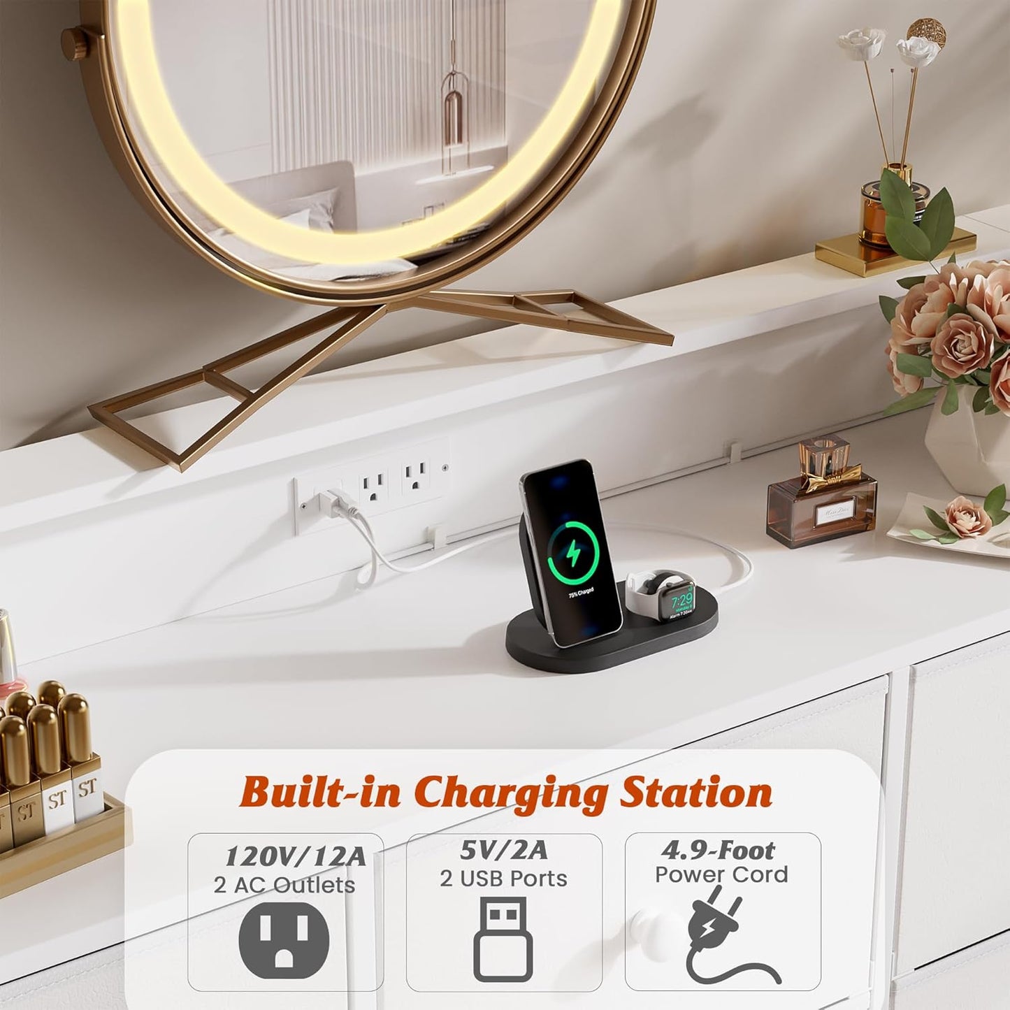 Nicehill 9 Drawer Dresser for Bedroom,Led Light White Dresser,TV Stand for Bedroom with Charging Station, Fabric Drawer Chests of Drawers for Hallway,Closet,Entryway