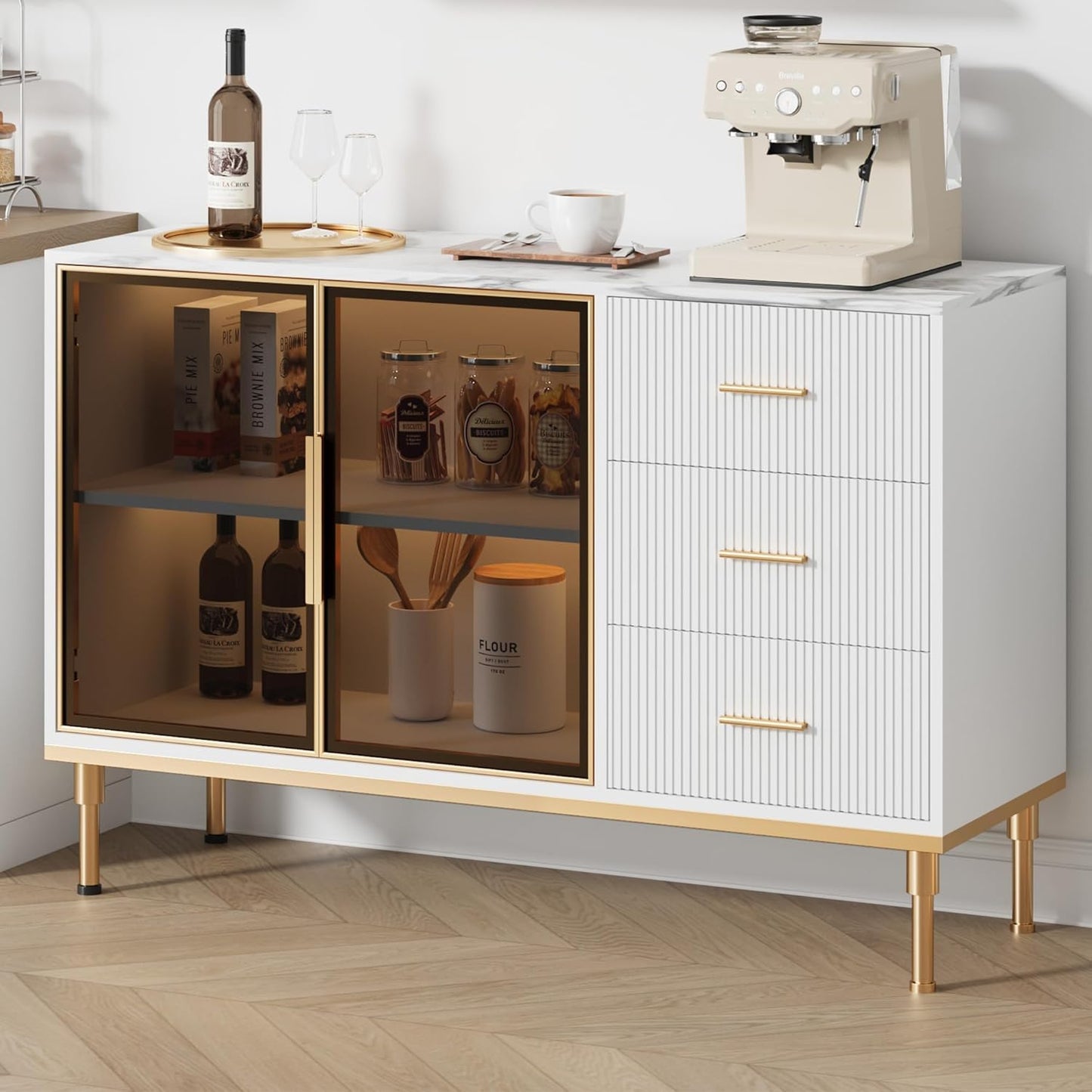 Buffet Sideboard Cabinet with Storage, 46.4" Large Fluted Kitchen Sideboard Cabinet with 2 Glass Doors 3 Drawers and Shelves, Faux Marble Top Buffet Table for Dining Room, Living Room, White