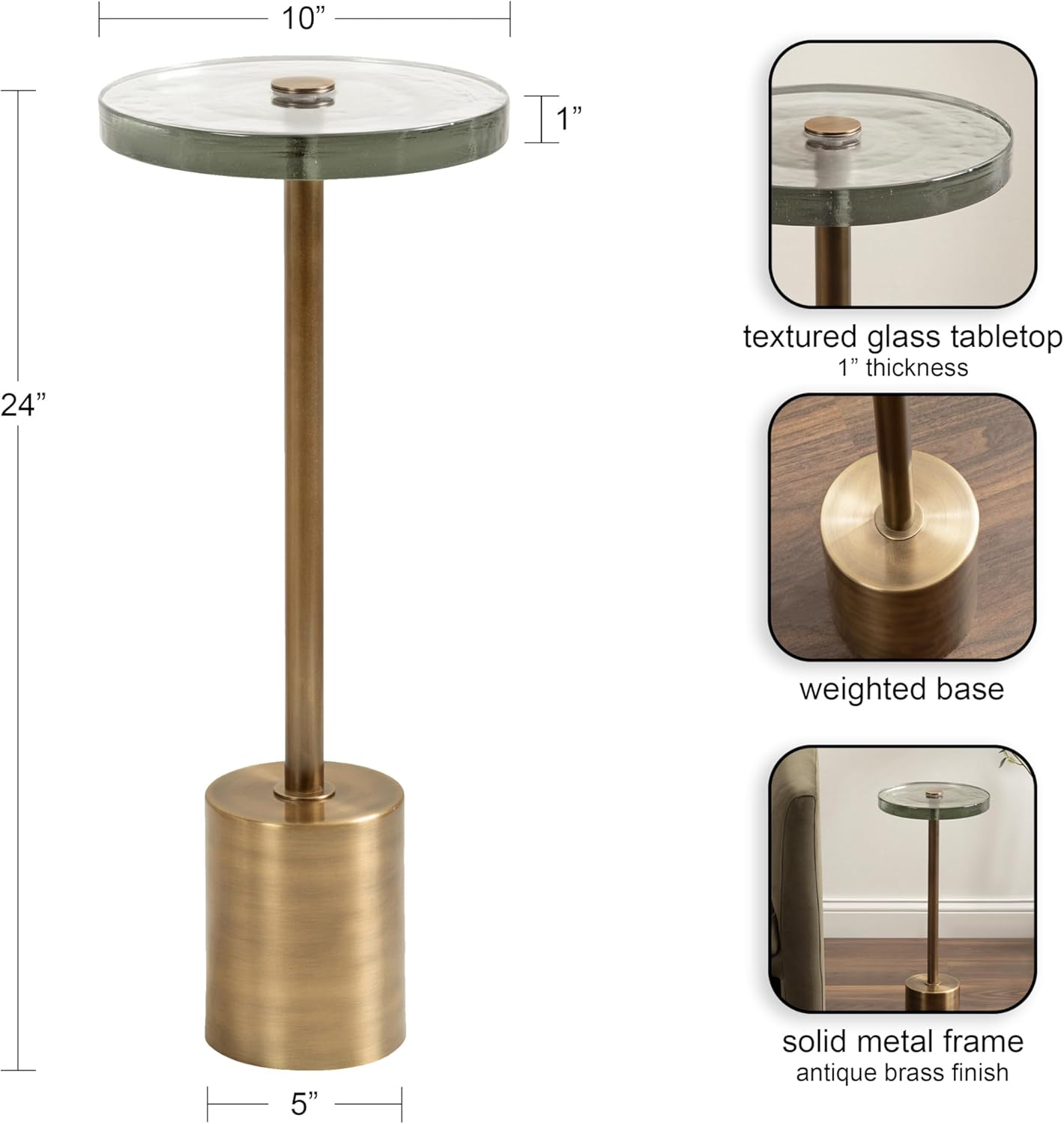 Kate and Laurel Xyler Modern Round Metal and Glass Drink Table, 10 x 10 x 24, Clear Glass and Antique Brass, Transitional Plant Pedestal Table for Use as Indoor Plant Stand or Small Bathtub Table