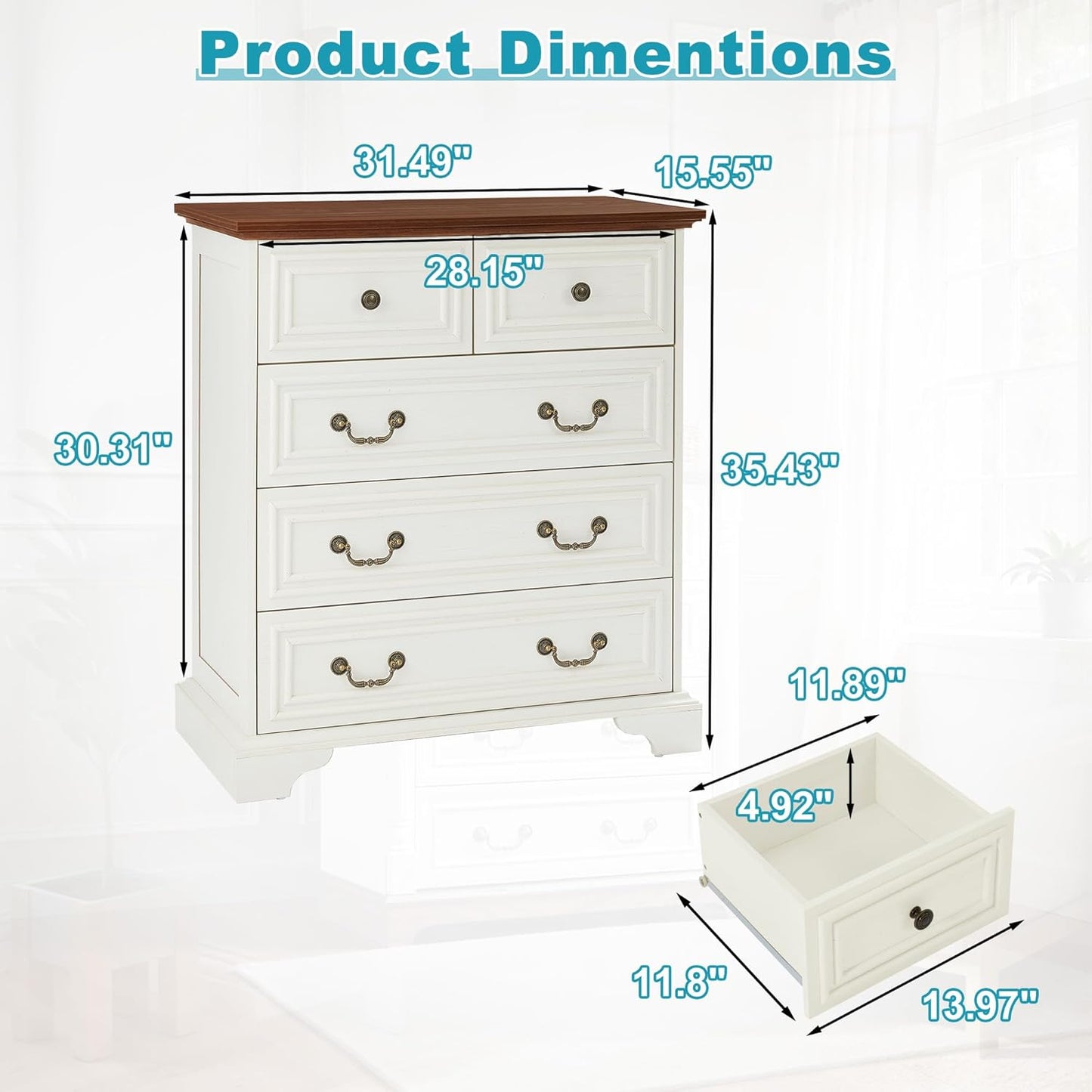 31.5" Farmhouse Sideboard Buffet Cabinet with Storage, Kitchen Buffet Storage Cabinet with 5 Drawers, Modern Wood Accent Sideboard for Living Room, Kitchen, Hallway(Antique Brown+White)