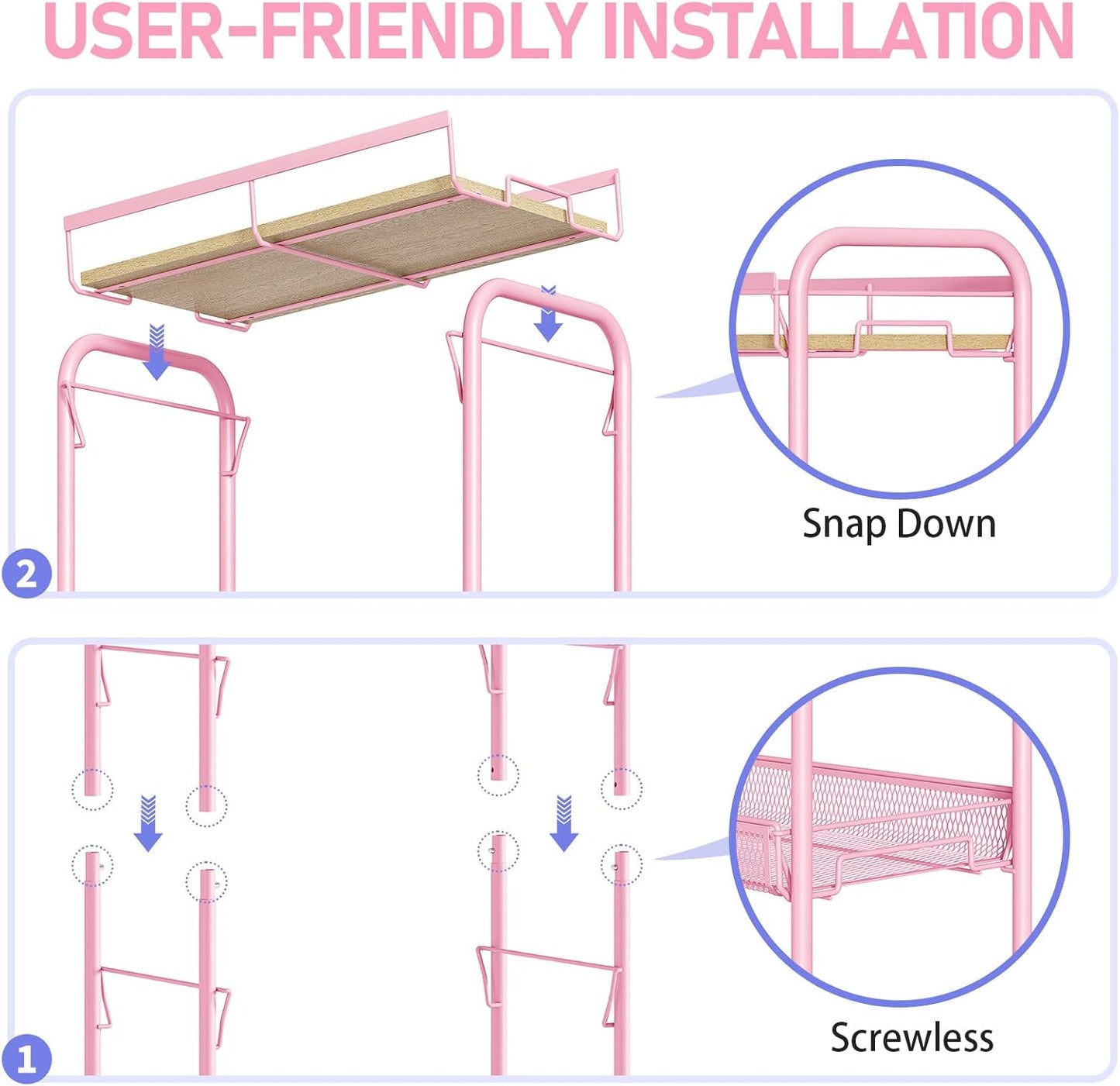 KINGRACK 4-Tier Wide Metal Rolling Storage Cart, Utility Cart with Wooden Tabletop for Laundry, Bathroom, Kitchen, Apartments, Dormitory (Pure Pink, Wide)