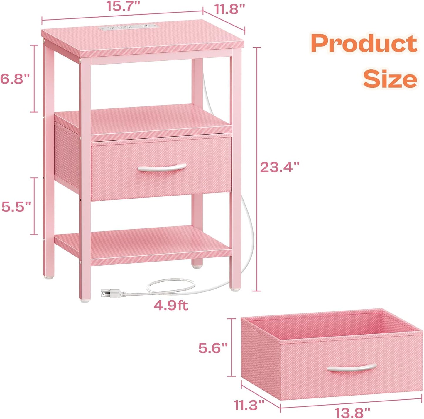 SUPERJARE Nightstand with Charging Station, Bed Side Table with Adjustable Fabric Drawer, Night Stand for Bedroom, 3-Tier Storage End Table, for Living Room, Pink