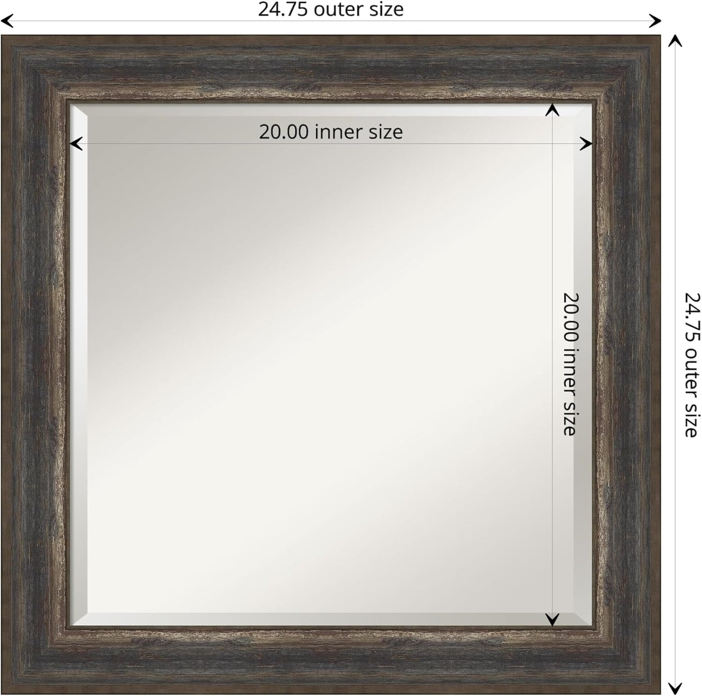 Amanti Art Brown Wall Mirror 25x25 Alta Rustic Char Square Bathroom Mirror for Wall Decor Living Room, Medium Rustic Farmhouse Frame, Hangs Horizonally and Vertically, Bathroom Decor, Beveled Edge