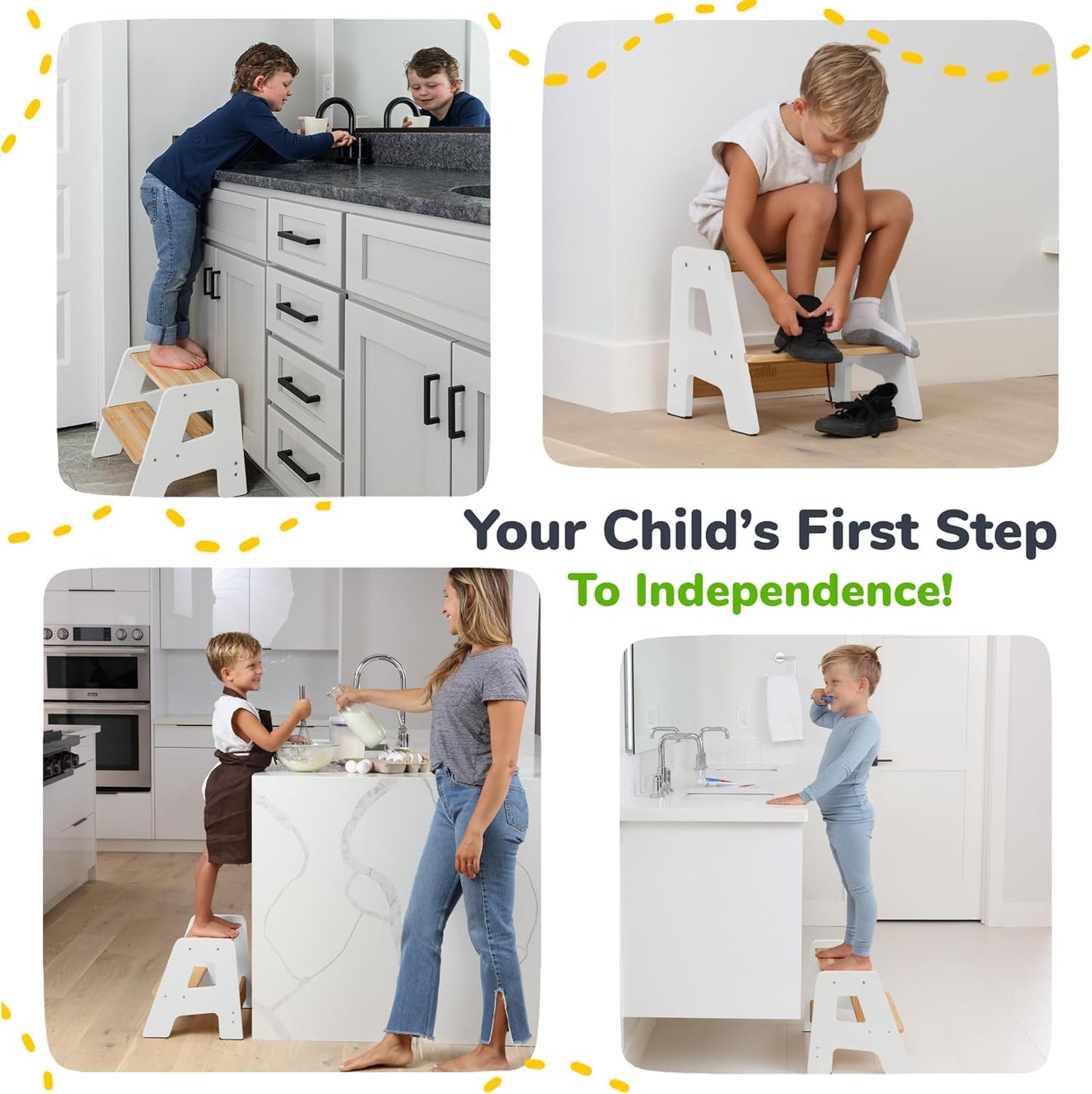 2-Step Wooden Step Stool for Toddlers | Kids Stool for Bathroom Sink & Kitchen Use | Non-Slip Step | Wooden Stool for Children Ages 2+ Years White
