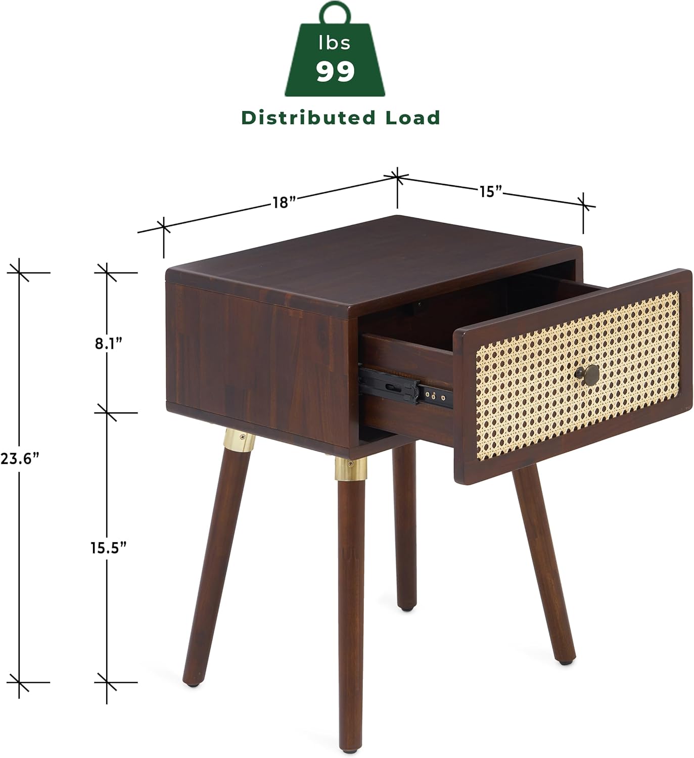 Bme Nipe Solid Wood and Rattan Nightstand, Fully Assembled, Woven Cane End Table, Bedside Table for Modern Bedroom, Boho Living Room with Tall Wood Legs Large Storage 1-Drawer, Walnut