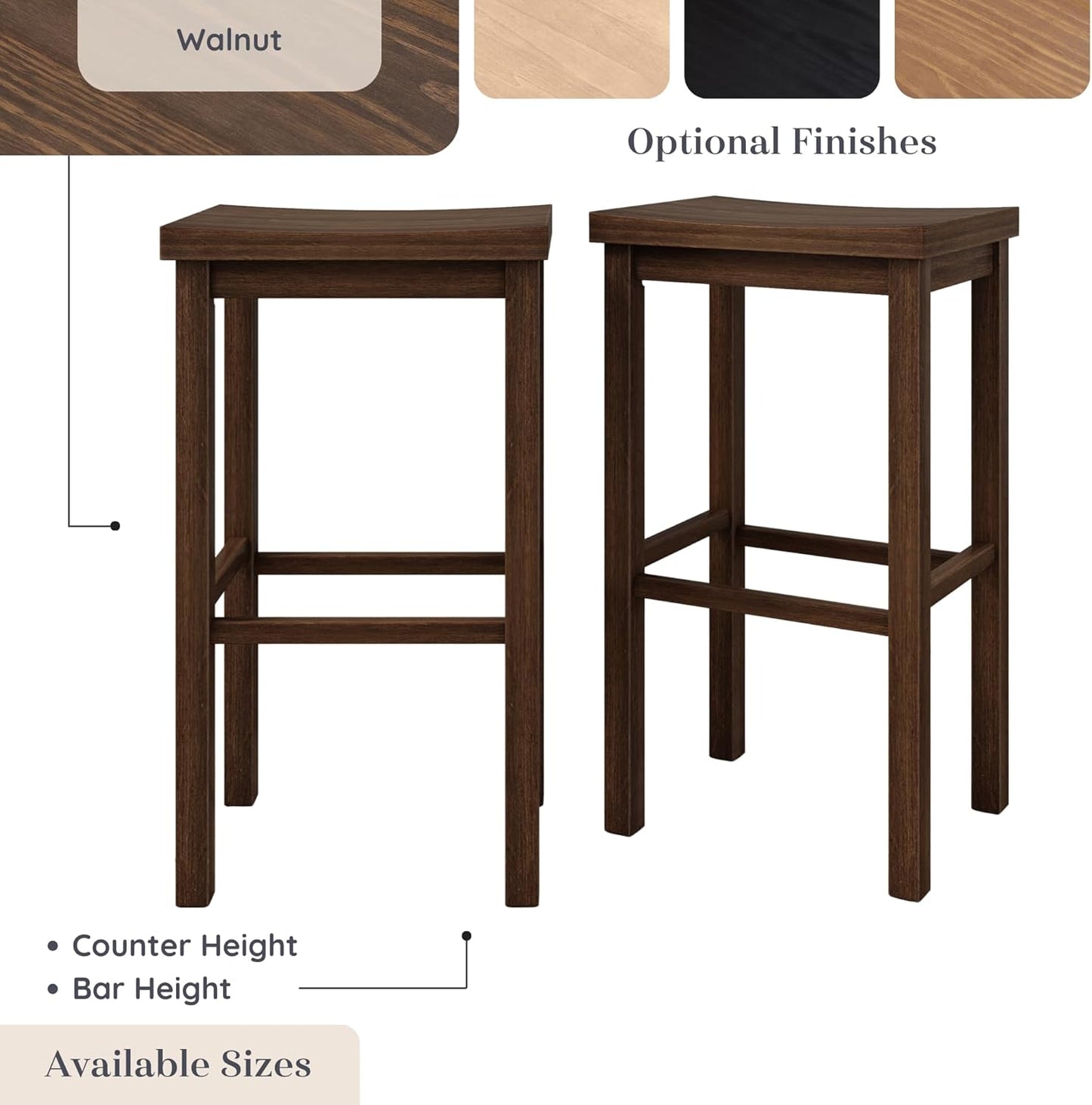 Grain & Grove Smith Collection Set of 2 Solid Wood Bar Stools, 30 inch Saddle-Seat Bar Chairs, Backless, Heavy-Duty Construction, Footrest Support, for Kitchen Islands, Home Bars, and Counters, Walnut